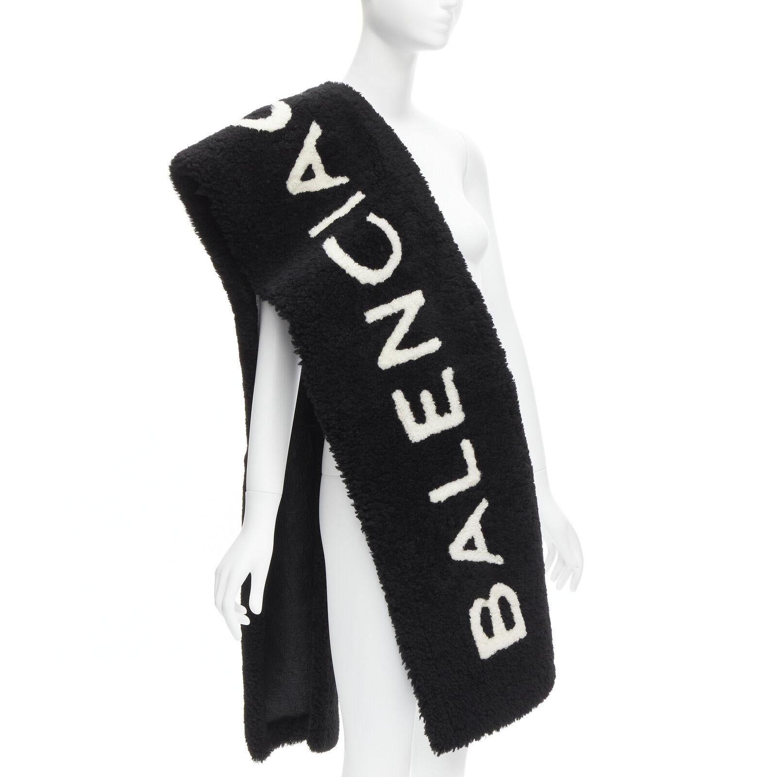 Black rare BALENCIAGA Demna 2016 Runway iconic B&W logo lambskin shearling fur scarf For Sale