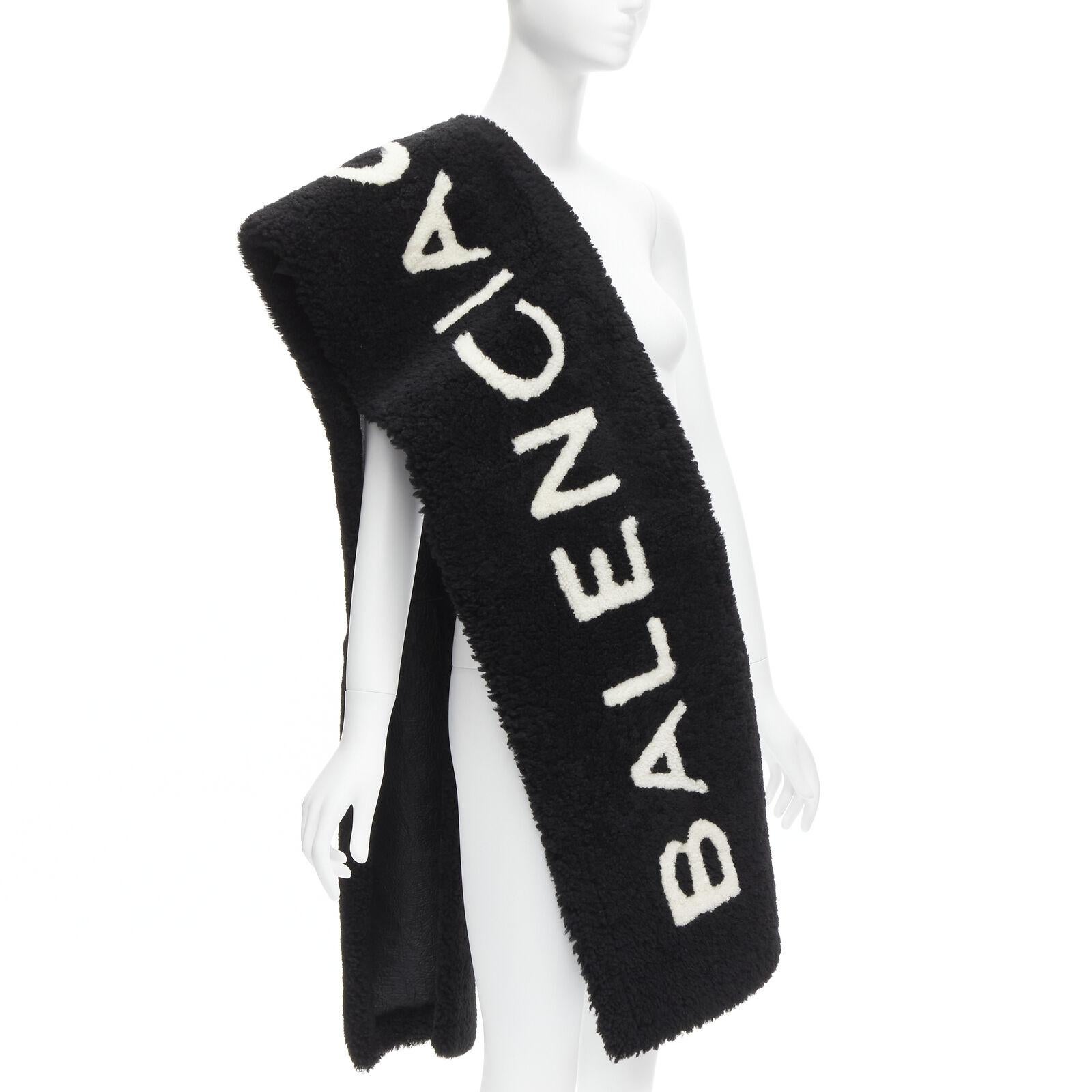 Black rare BALENCIAGA Demna 2016 Runway iconic B&W logo lambskin shearling fur scarf