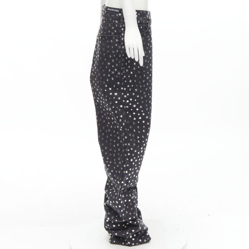 Women's rare BALENCIAGA DEMNA black denim silver star heart stud embellished jeans S