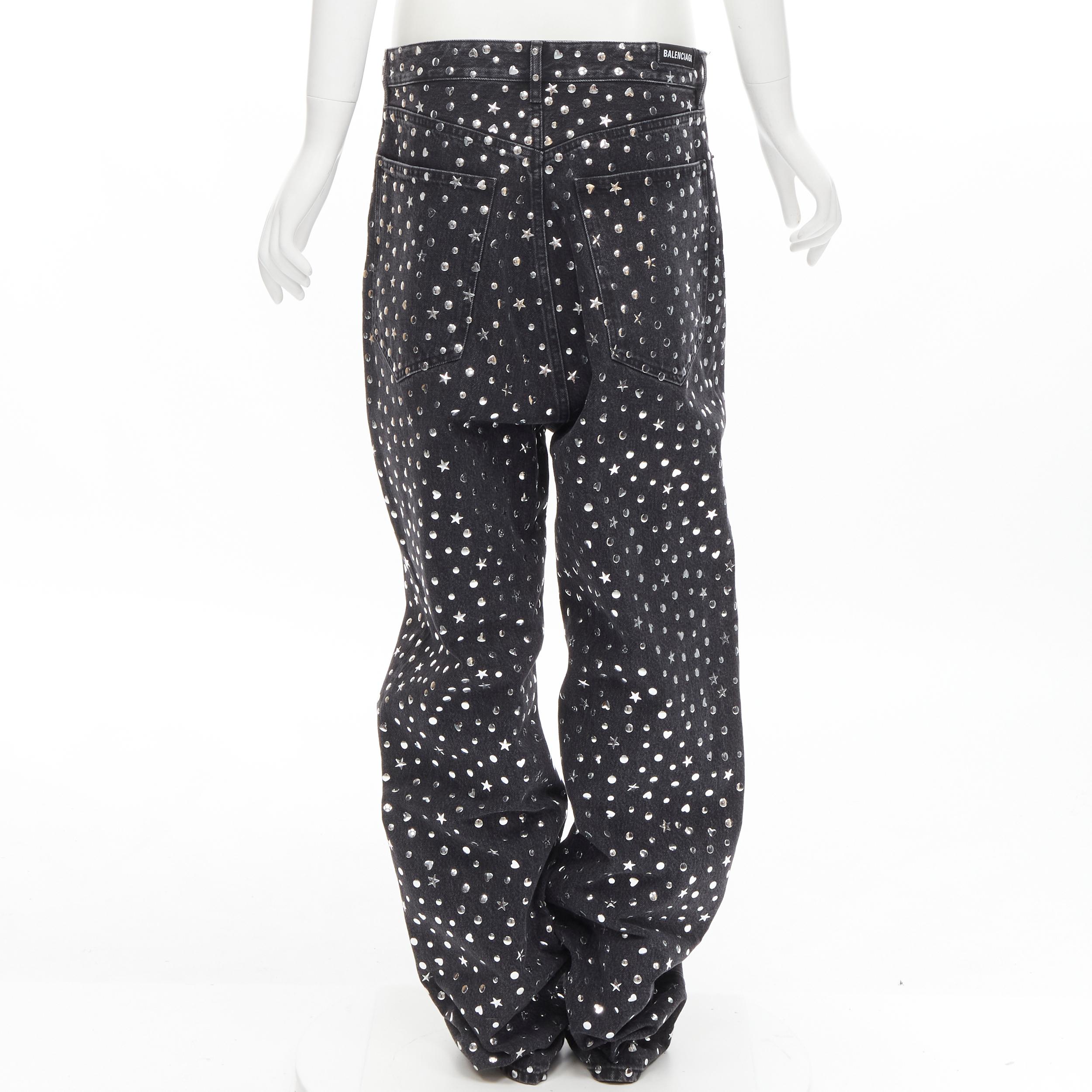 rare BALENCIAGA DEMNA black denim silver star heart stud embellished jeans S In New Condition For Sale In Hong Kong, NT