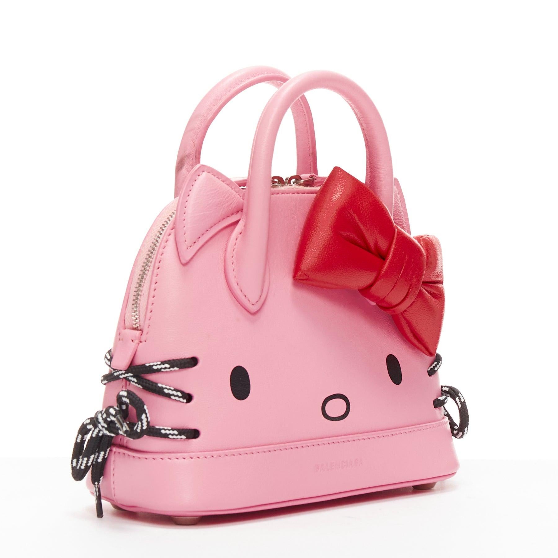 rare BALENCIAGA Hello Kitty Ville pink red leather black laced crossbody bag In Good Condition For Sale In Hong Kong, NT