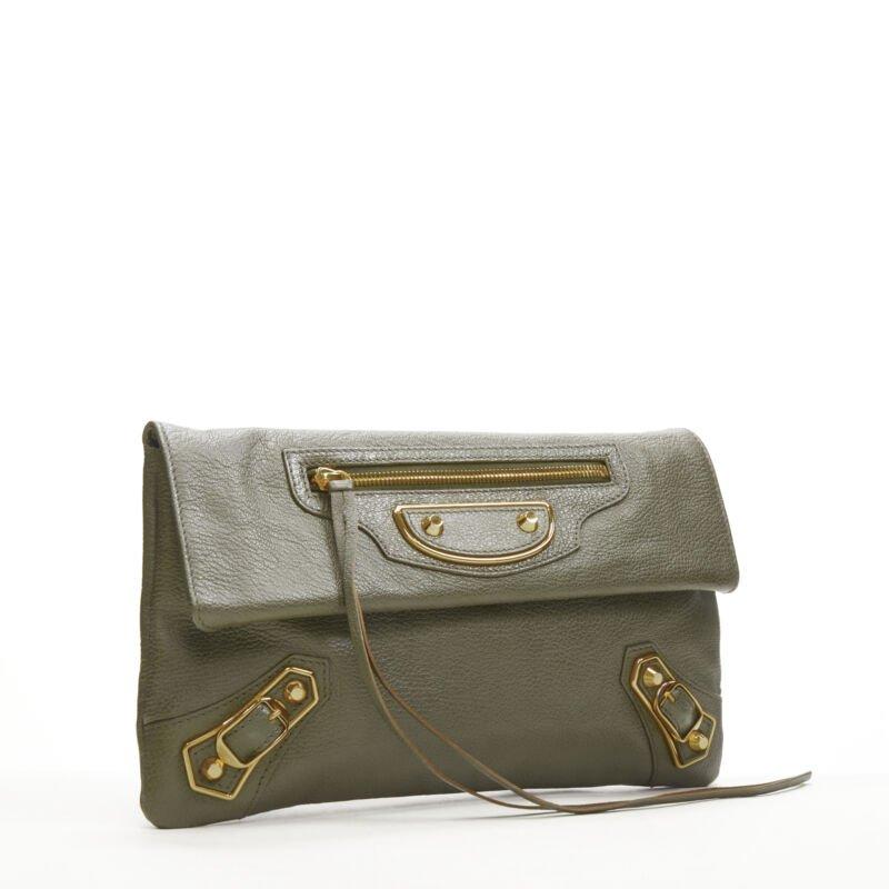 Gray rare BALENCIAGA khaki green leather gold buckle Motocross flap clutch bag