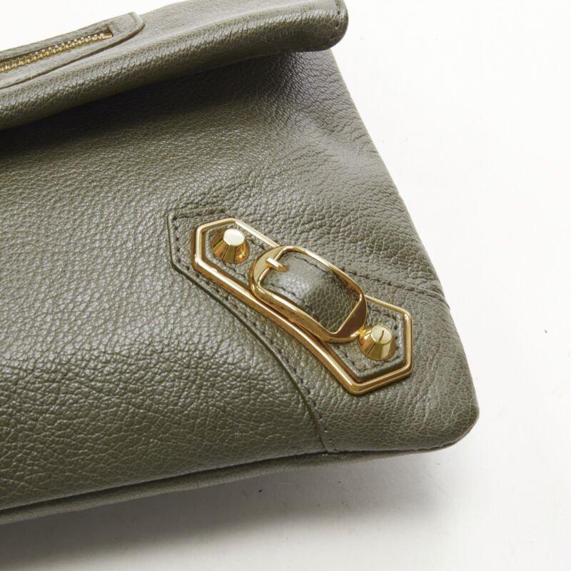 rare BALENCIAGA khaki green leather gold buckle Motocross flap clutch bag 3