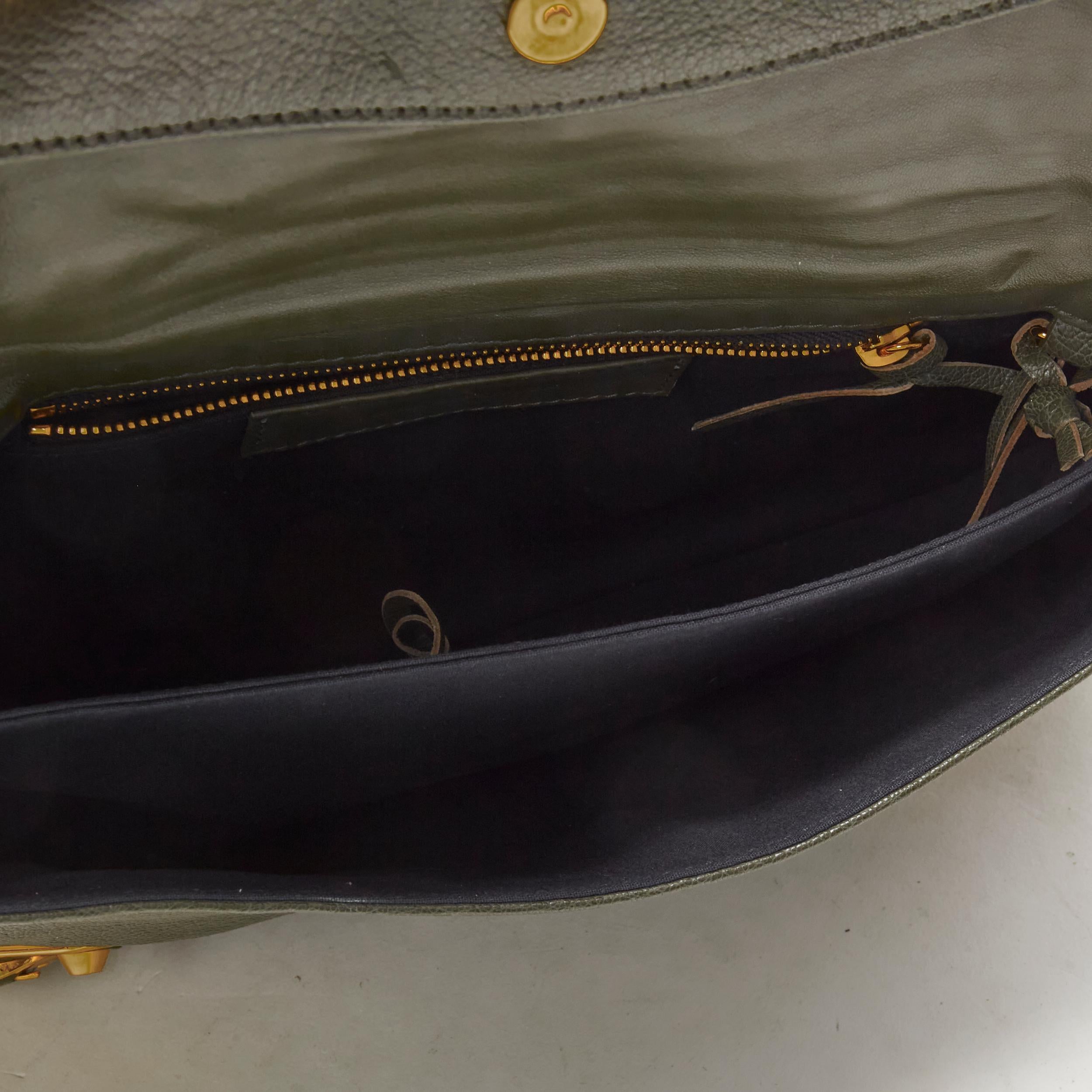rare BALENCIAGA khaki green leather gold buckle Motocross flap clutch bag For Sale 1