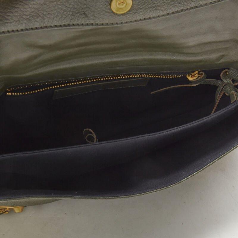 rare BALENCIAGA khaki green leather gold buckle Motocross flap clutch bag 4
