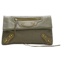 rare BALENCIAGA khaki green leather gold buckle Motocross flap clutch bag
