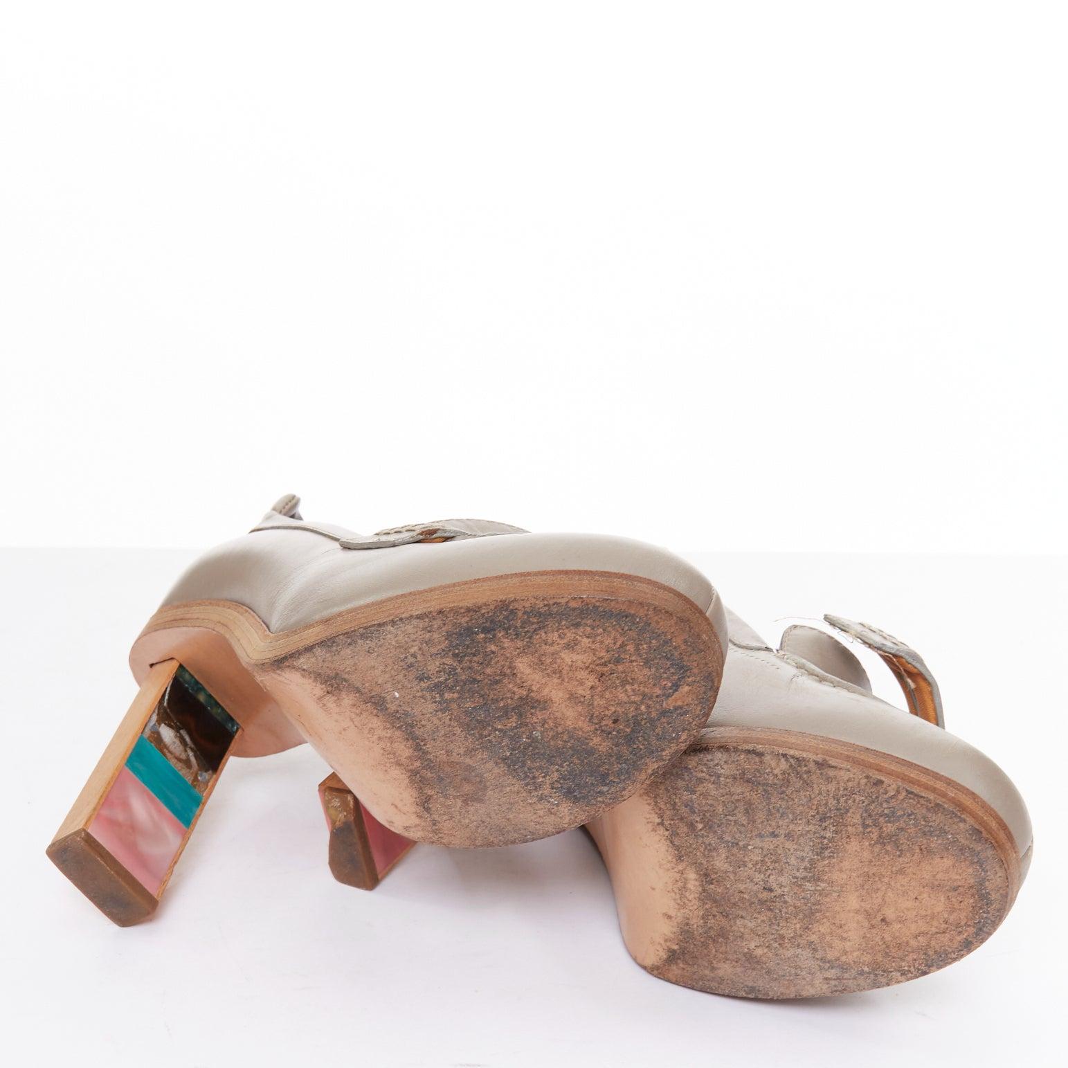 rare BALENCIAGA Vintage grey leather colourful wooden block heel loafer EU37 For Sale 7