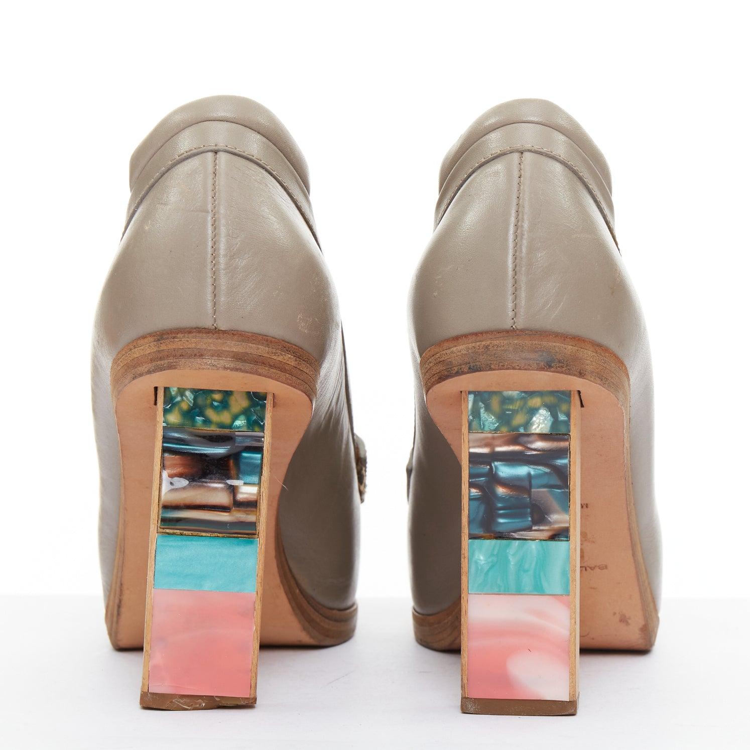 Women's rare BALENCIAGA Vintage grey leather colourful wooden block heel loafer EU37 For Sale