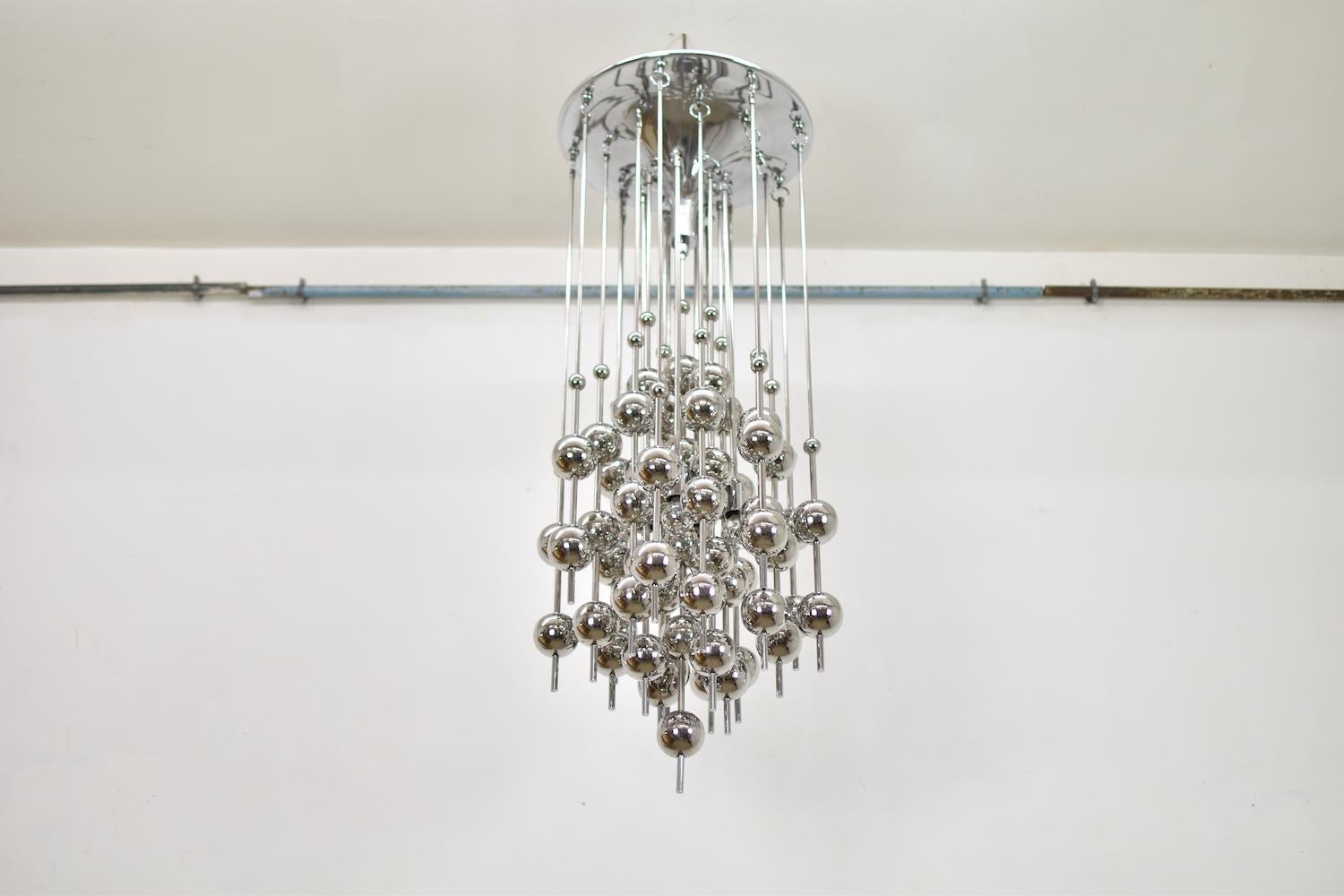 Rare pendant by Verner Panton for Lüber, Denmark, 1970s. This metallic pendant is formed from a series of chromed metal balls suspended from steel rods.