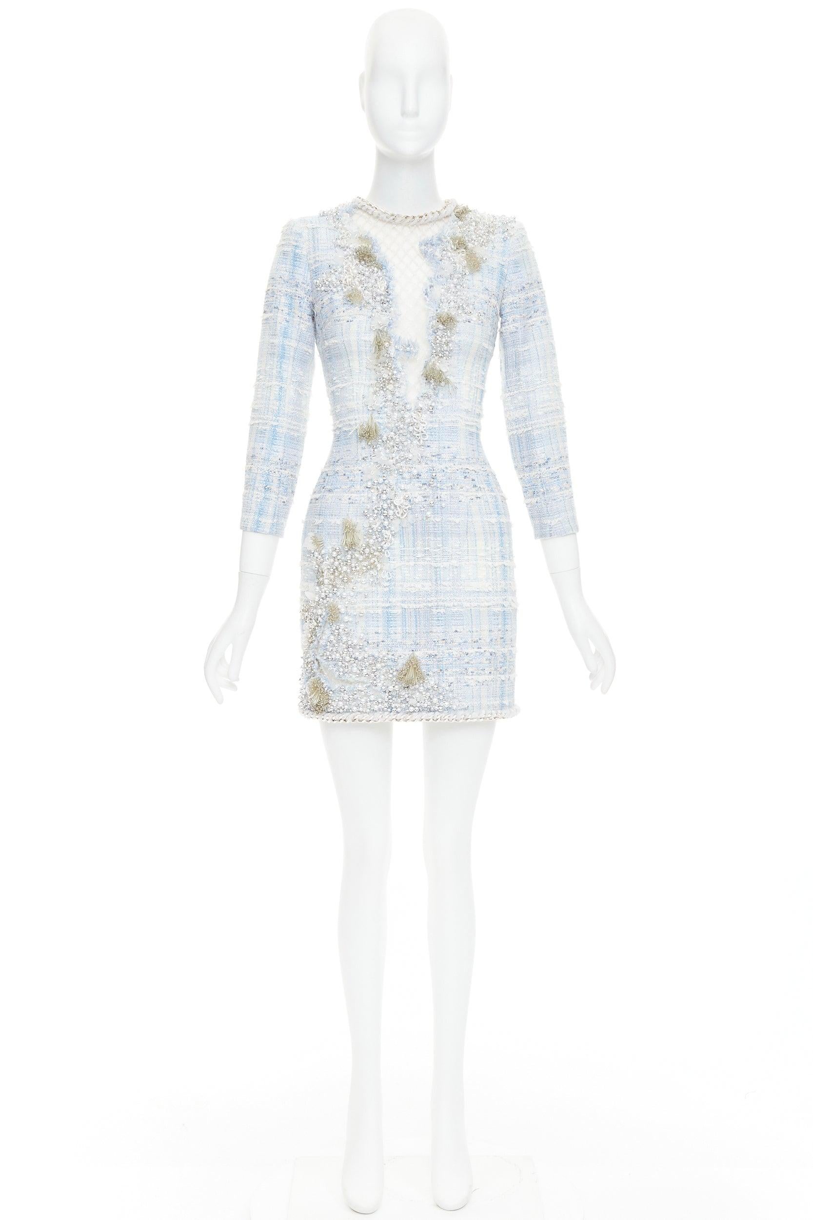 rare BALMAIN blue white tweed pearl bead embellished plunge mesh dress FR34 XS For Sale 5