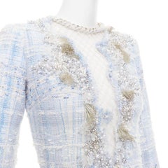 rare BALMAIN blue white tweed pearl bead embellished plunge mesh dress FR34 XS