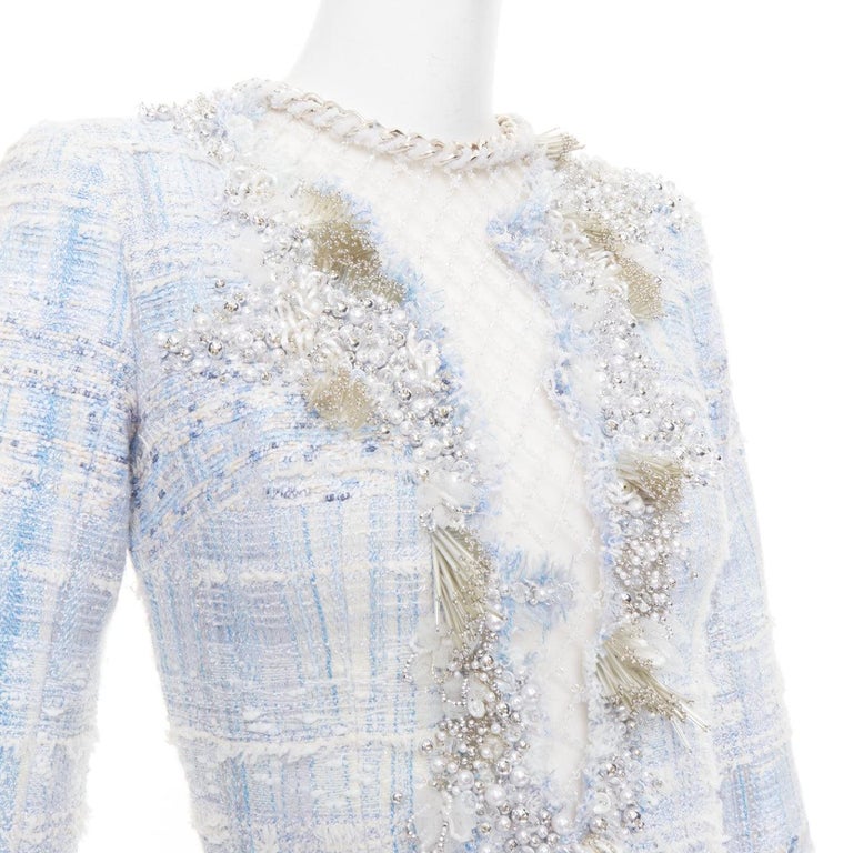 rare BALMAIN blue white tweed pearl bead embellished plunge mesh dress FR34  XS For Sale at 1stDibs