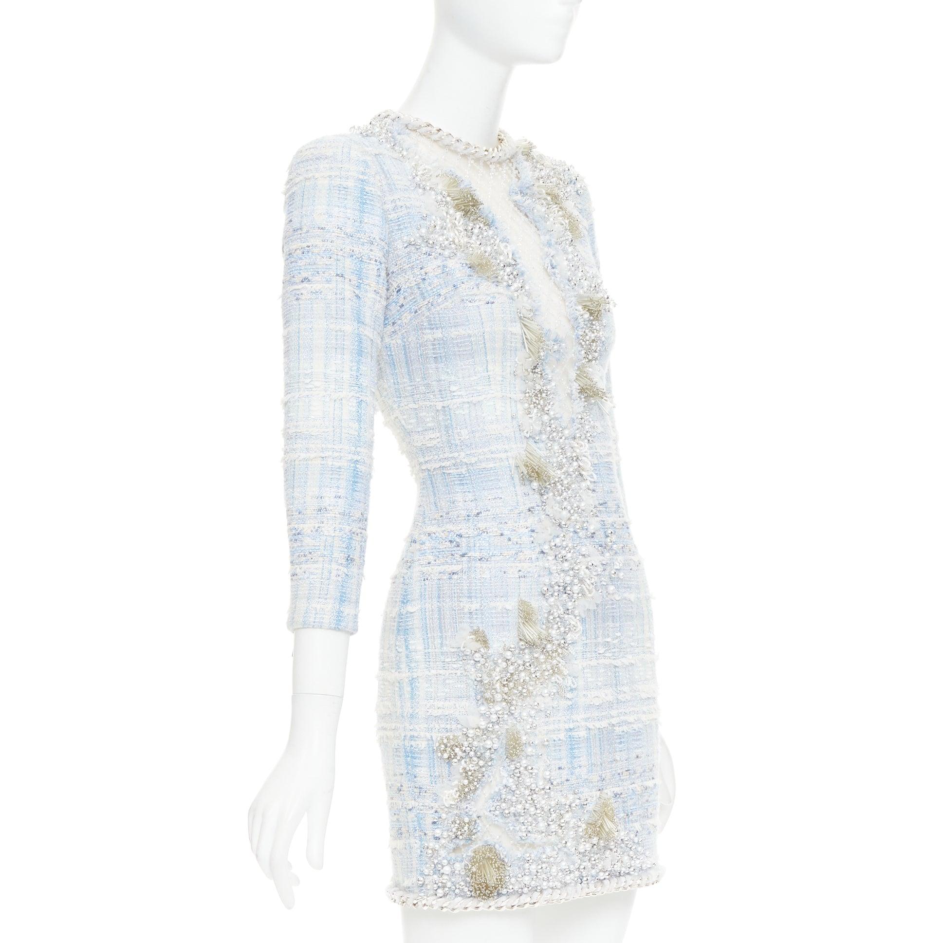 Gray rare BALMAIN blue white tweed pearl bead embellished plunge mesh dress FR34 XS For Sale
