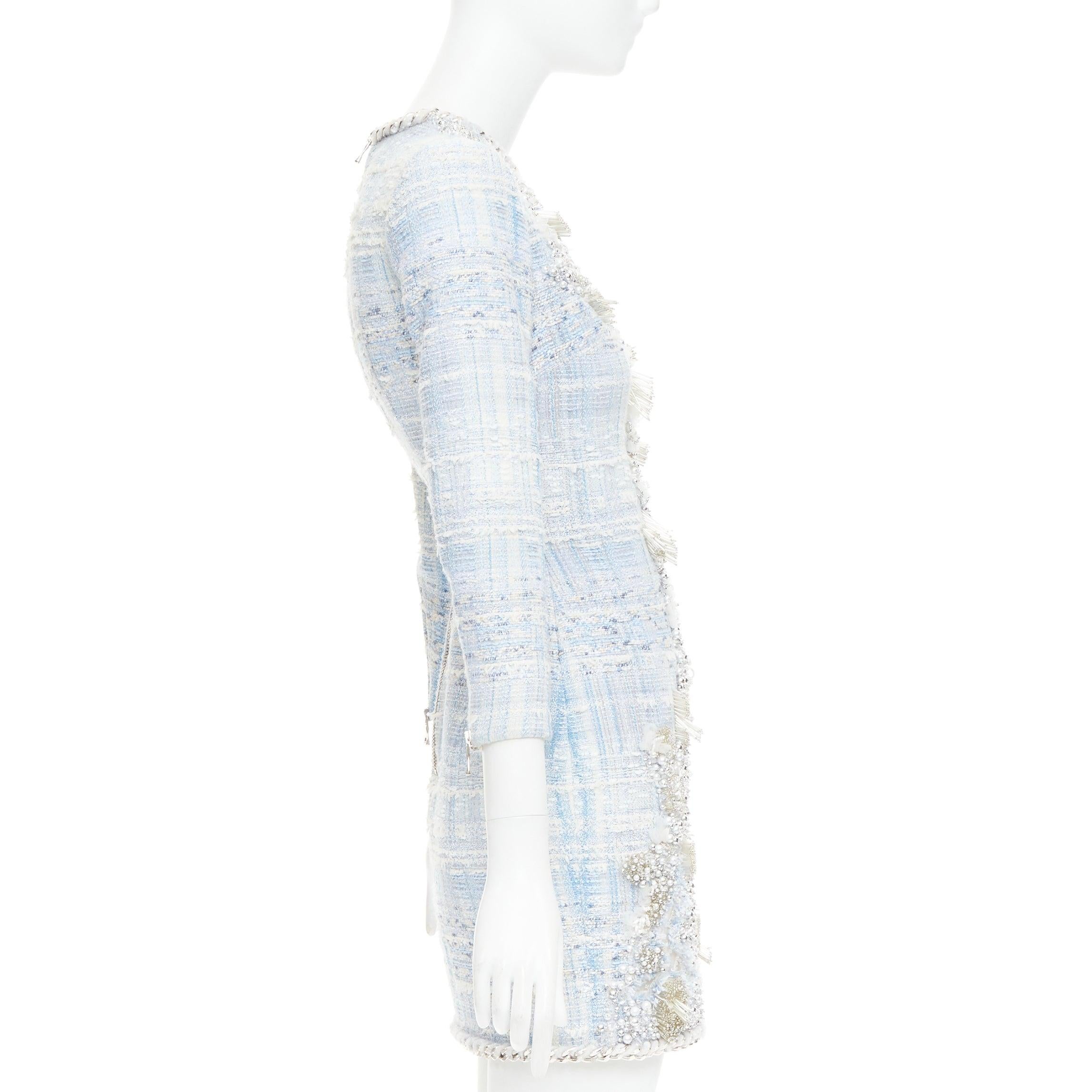 rare BALMAIN blue white tweed pearl bead embellished plunge mesh dress FR34 XS In Good Condition For Sale In Hong Kong, NT