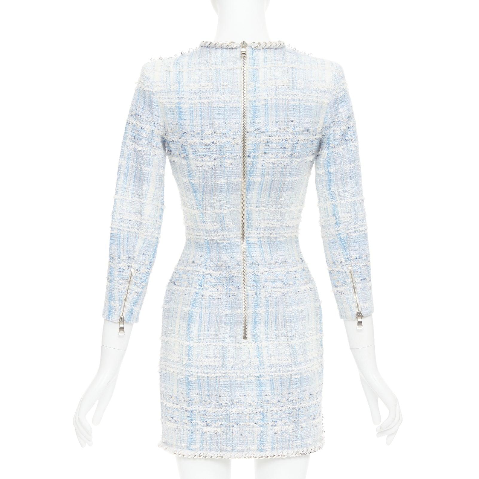Women's rare BALMAIN blue white tweed pearl bead embellished plunge mesh dress FR34 XS For Sale