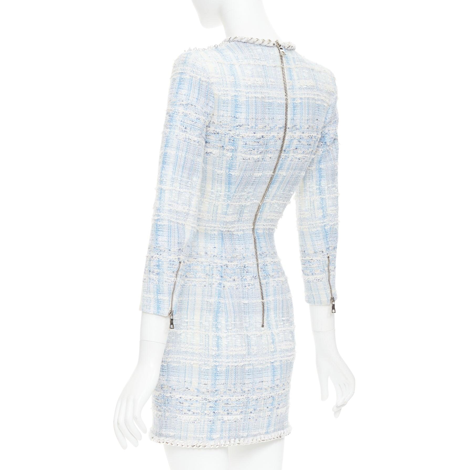 rare BALMAIN blue white tweed pearl bead embellished plunge mesh dress FR34 XS For Sale 1