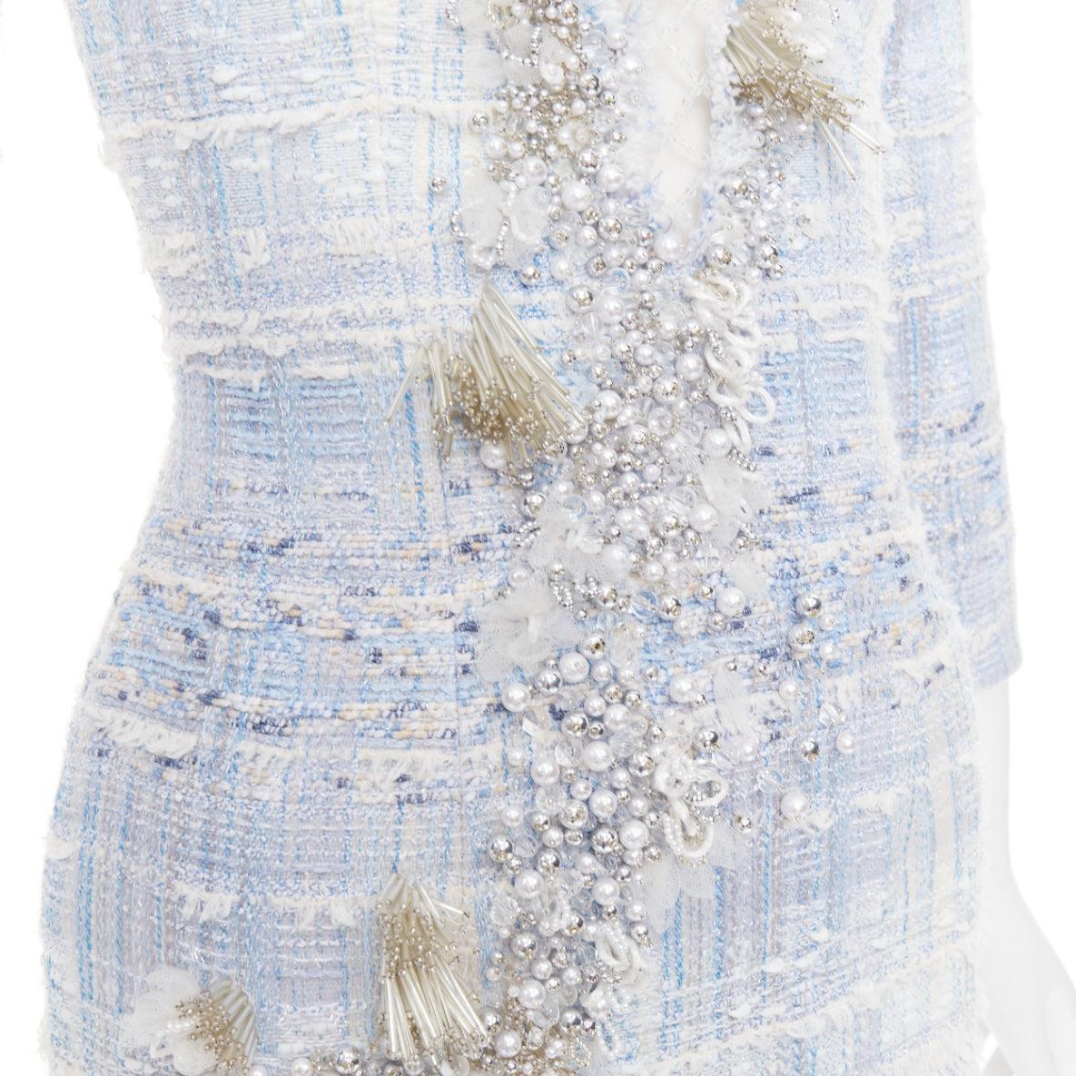 rare BALMAIN blue white tweed pearl bead embellished plunge mesh dress FR34 XS For Sale 2