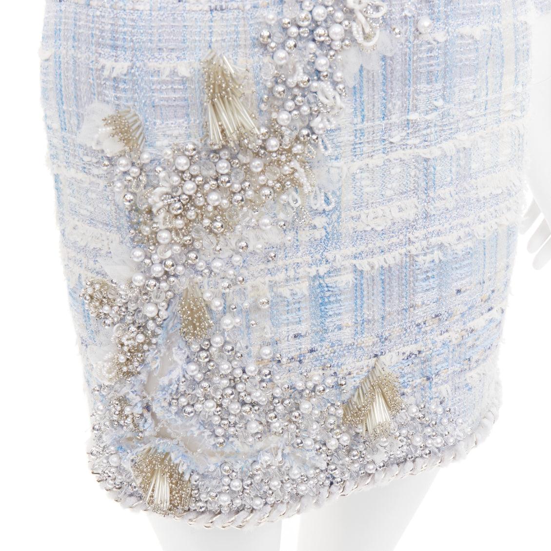 rare BALMAIN blue white tweed pearl bead embellished plunge mesh dress FR34 XS For Sale 3