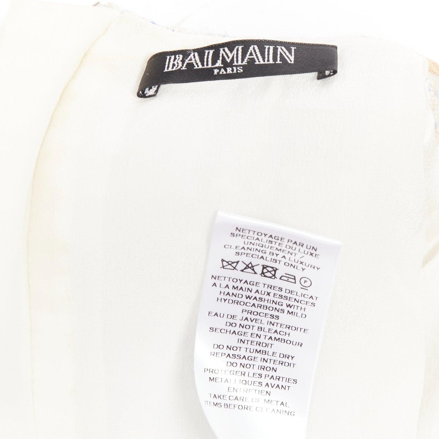 rare BALMAIN blue white tweed pearl bead embellished plunge mesh dress FR34 XS For Sale 4