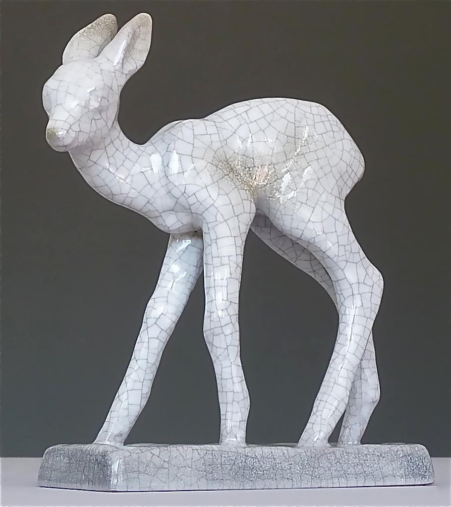 German Rare Bambi Sculpture Karlsruhe Majolica Figurine Ceramic Art Deco Bauhaus, 1930s
