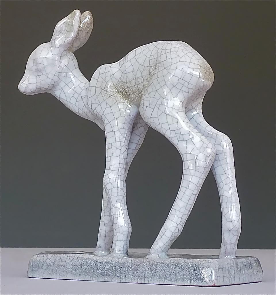 Glazed Rare Bambi Sculpture Karlsruhe Majolica Figurine Ceramic Art Deco Bauhaus, 1930s