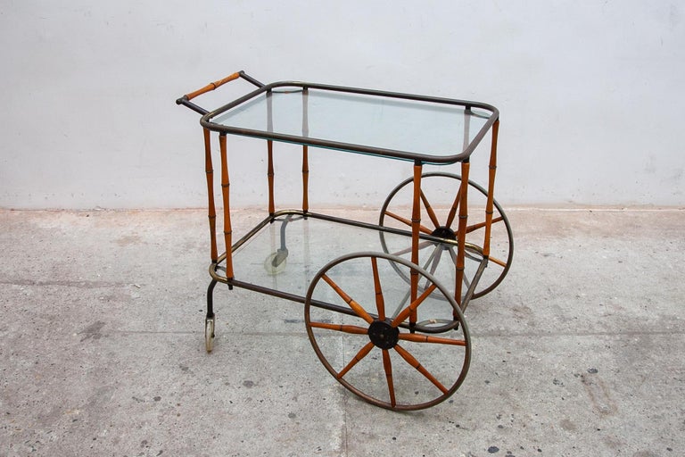 Rare Bamboo and Brass Bar Cart, Drink Trolley Maison Jansen, 1950s For Sale 3
