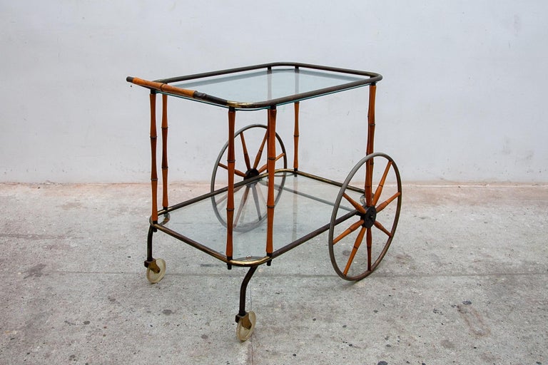 Hollywood Regency Rare Bamboo and Brass Bar Cart, Drink Trolley Maison Jansen, 1950s For Sale