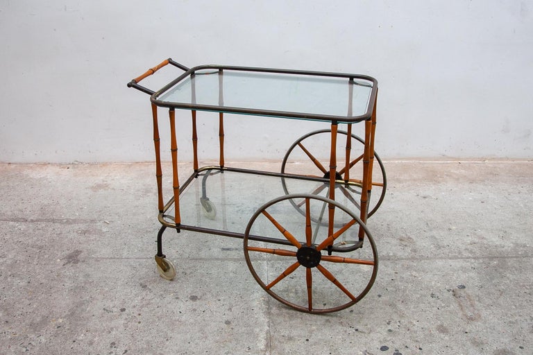 Rare Bamboo and Brass Bar Cart, Drink Trolley Maison Jansen, 1950s For Sale 1