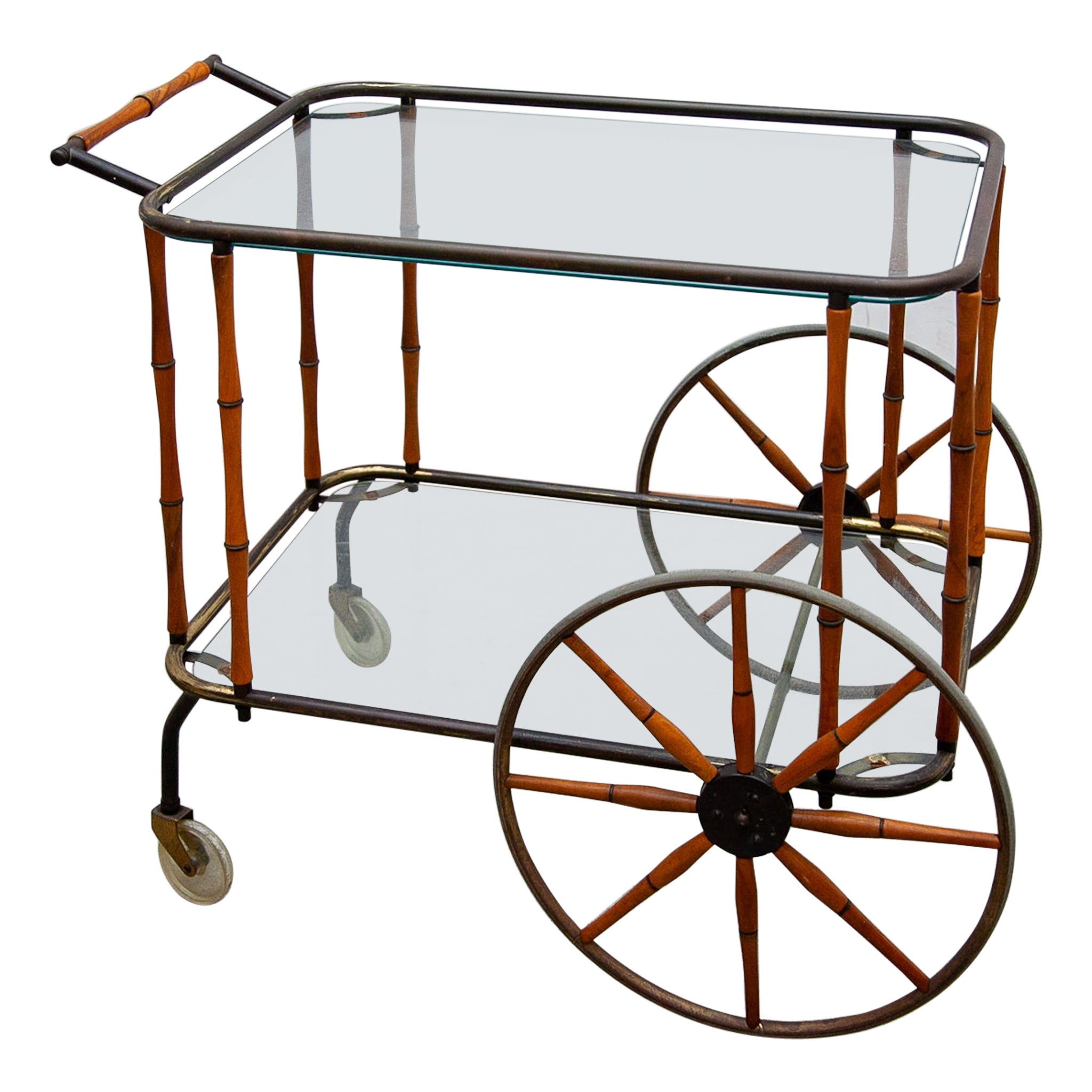 Rare Bamboo and Brass Bar Cart, Drink Trolley Maison Jansen, 1950s