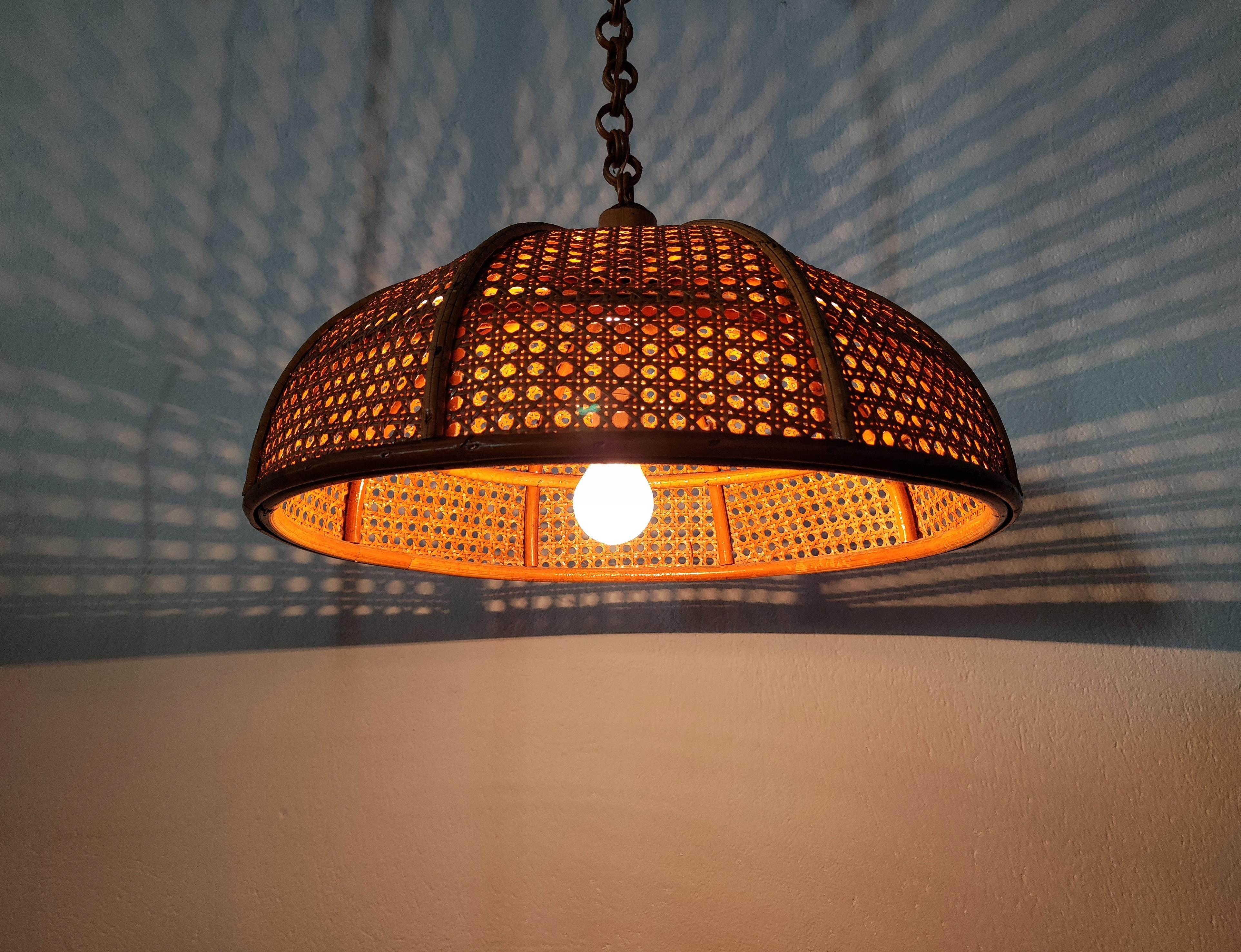 Rare Bamboo and Rattan / Cane Pendant Light, Italy, 1950s 5