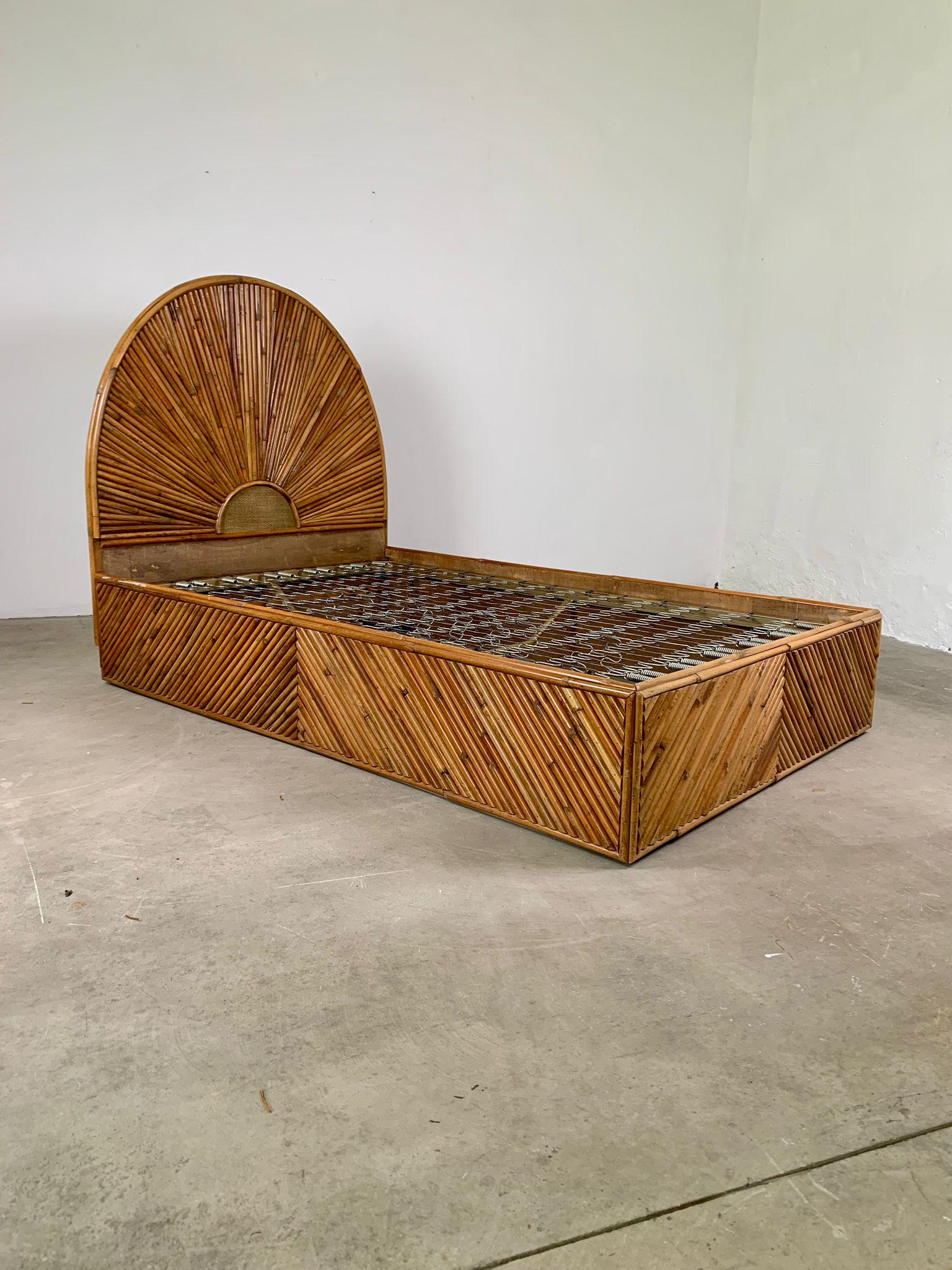 Bamboo bed, Italy, 1960s

A rare bamboo bed made in Italy in the 1960s, an emblematic example of the exotic and sophisticated aesthetic that characterized the decorative design of that period. The structure, entirely handmade, stands out for its
