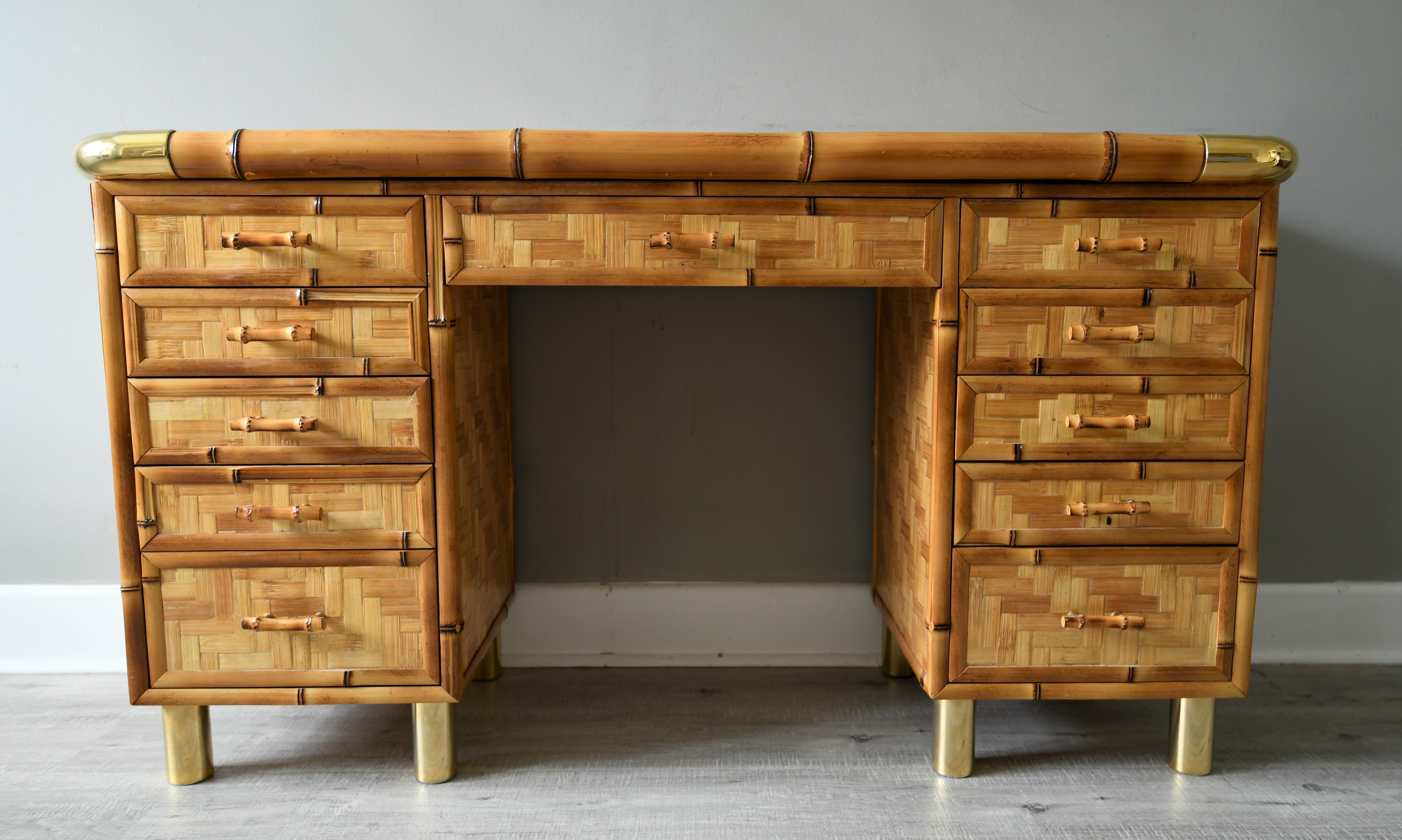 A bedroom set that defines. Bedroom jewelry at its best.
We have a Pair of Italian mid-century bamboo, “Parquetry” night stands, With a matching 9-drawer vanity it’s superb quality, with one wide central drawer and 4 either side. 

Exceptional