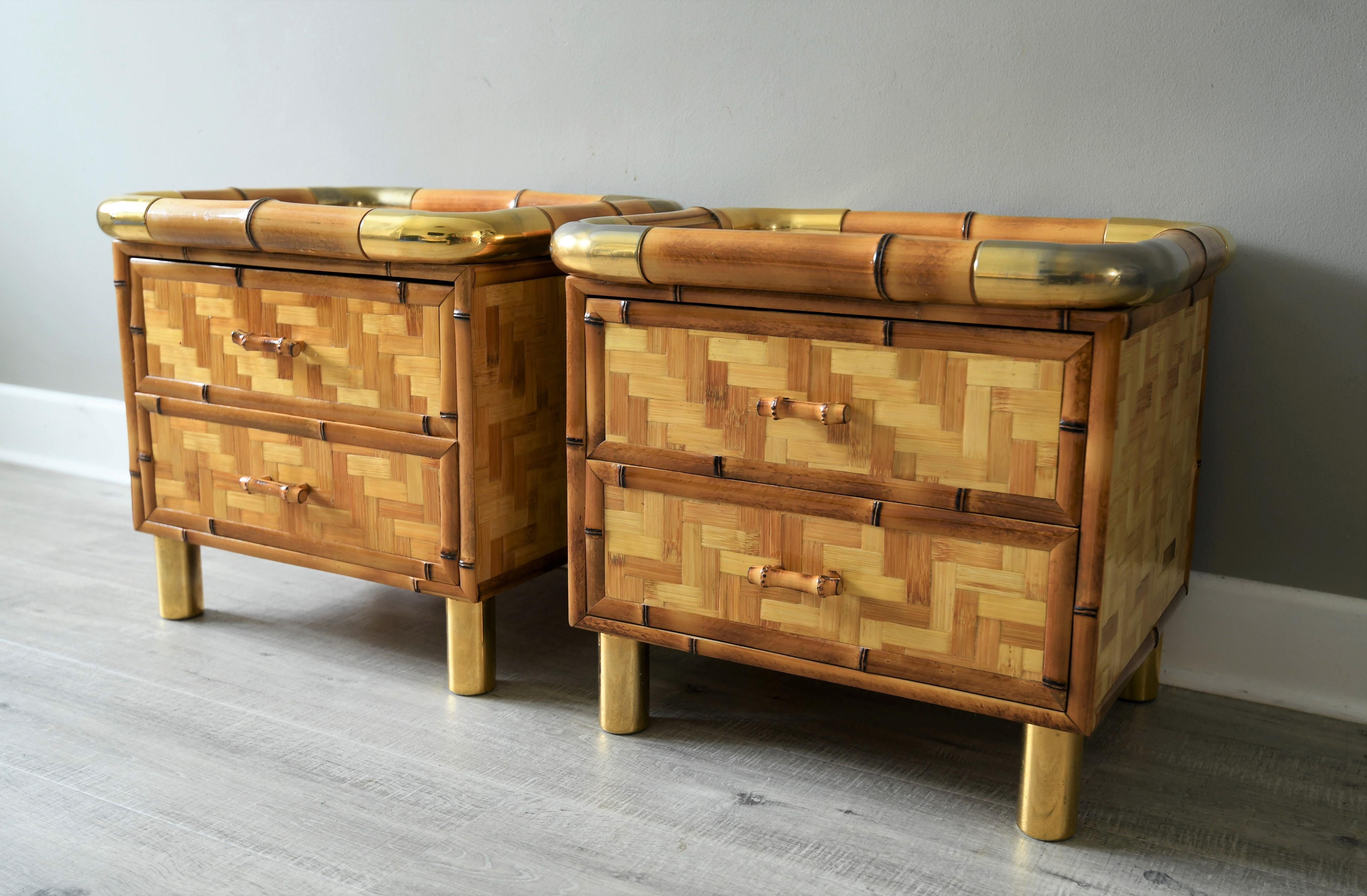 Mid-Century Modern Rare Bamboo Parquetry Italian Bedroom Set Vanity and Pair of Nightstands, 1970s