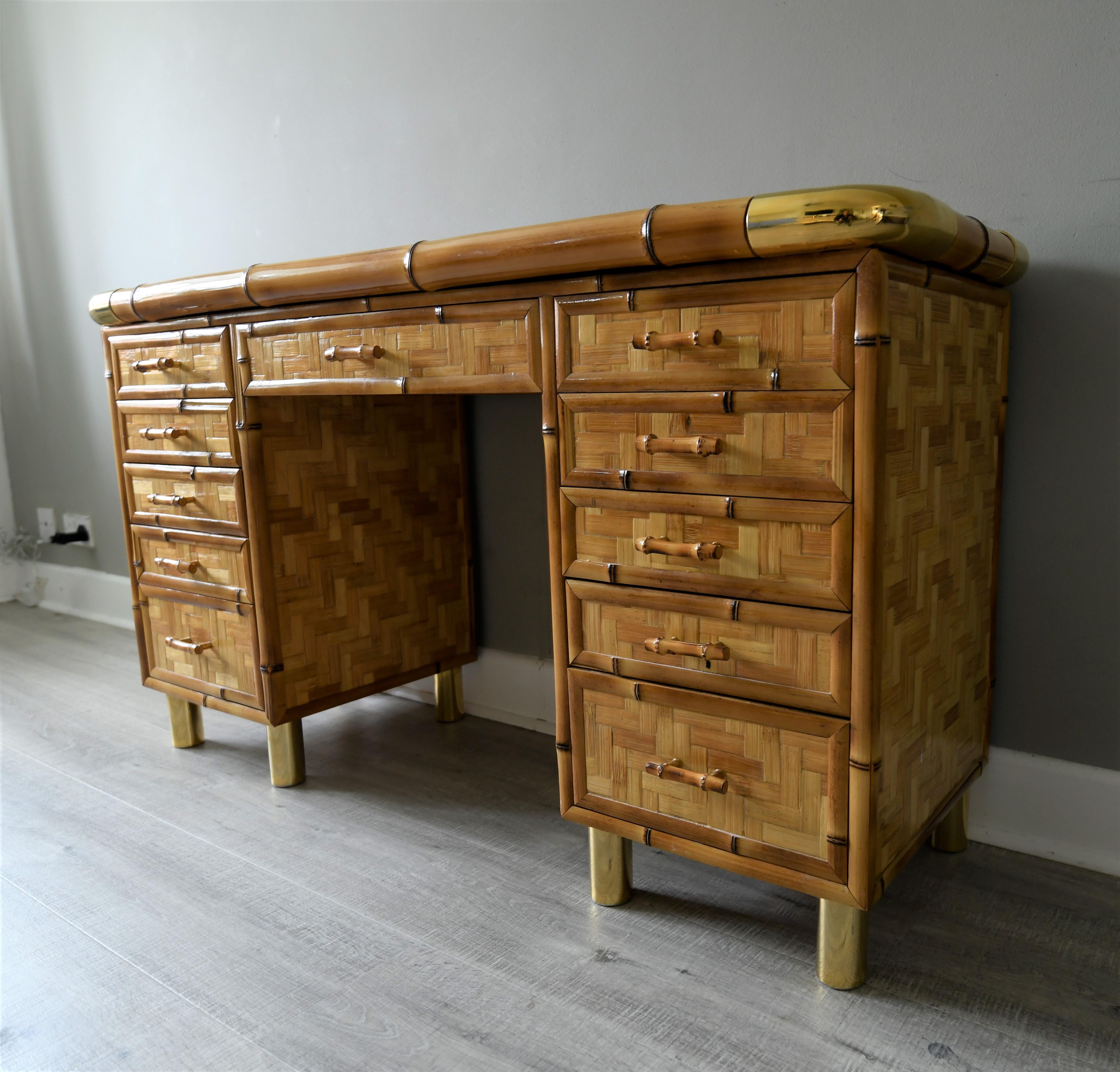 Late 20th Century Rare Bamboo Parquetry Italian Bedroom Set Vanity and Pair of Nightstands, 1970s