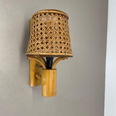 rare bamboo, wicker and rattan wall light in Louis Sognot Style, France, 1950s