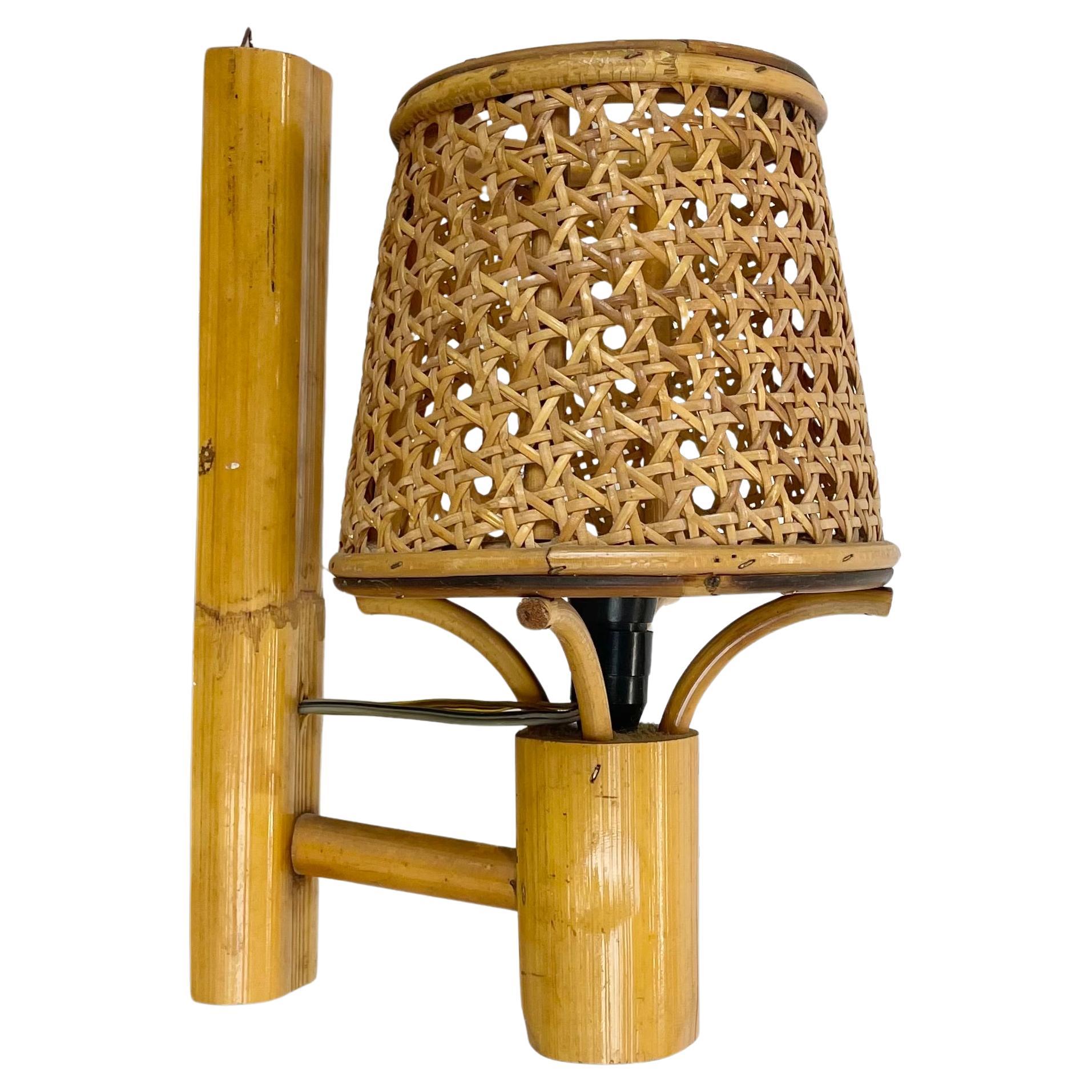 rare bamboo, wicker and rattan wall light in Louis Sognot Style, France, 1950s