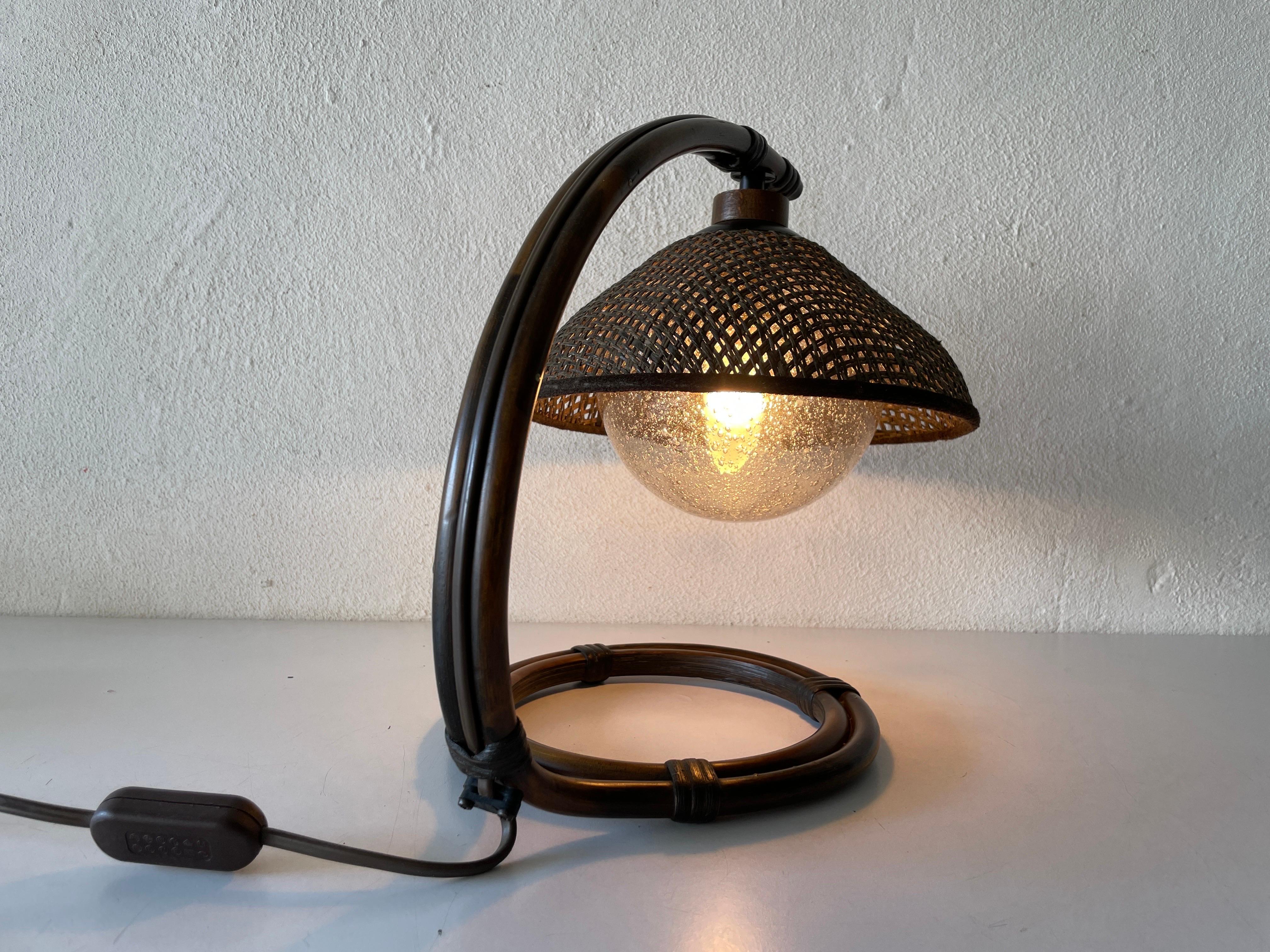 Rare Bamboo & Wicker Bedside Lamp Air Bubble Glass by Temde, 1960s, Switzerland For Sale 4