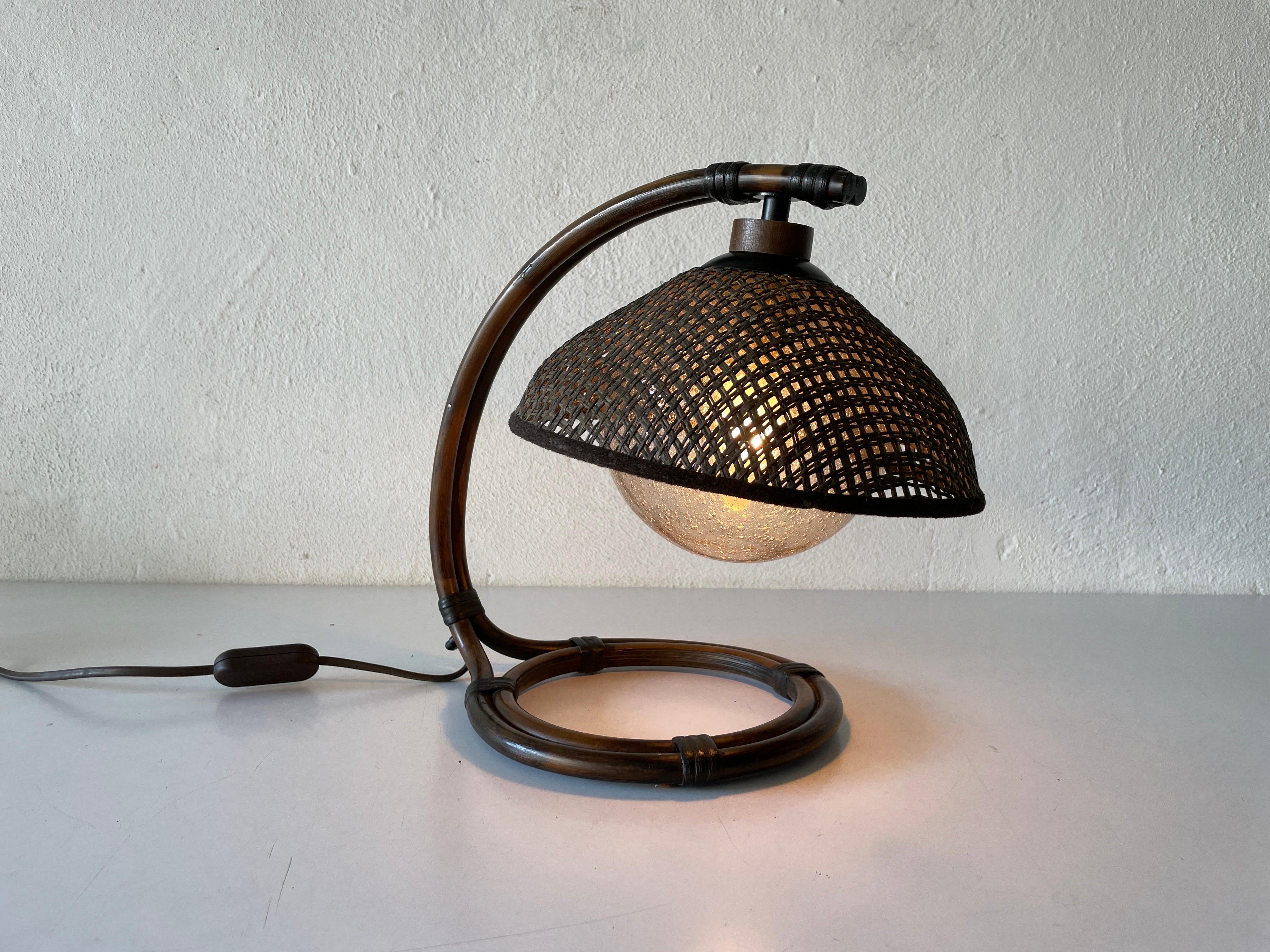 Rare Bamboo & Wicker Bedside Lamp Air Bubble Glass by Temde, 1960s, Switzerland For Sale 5