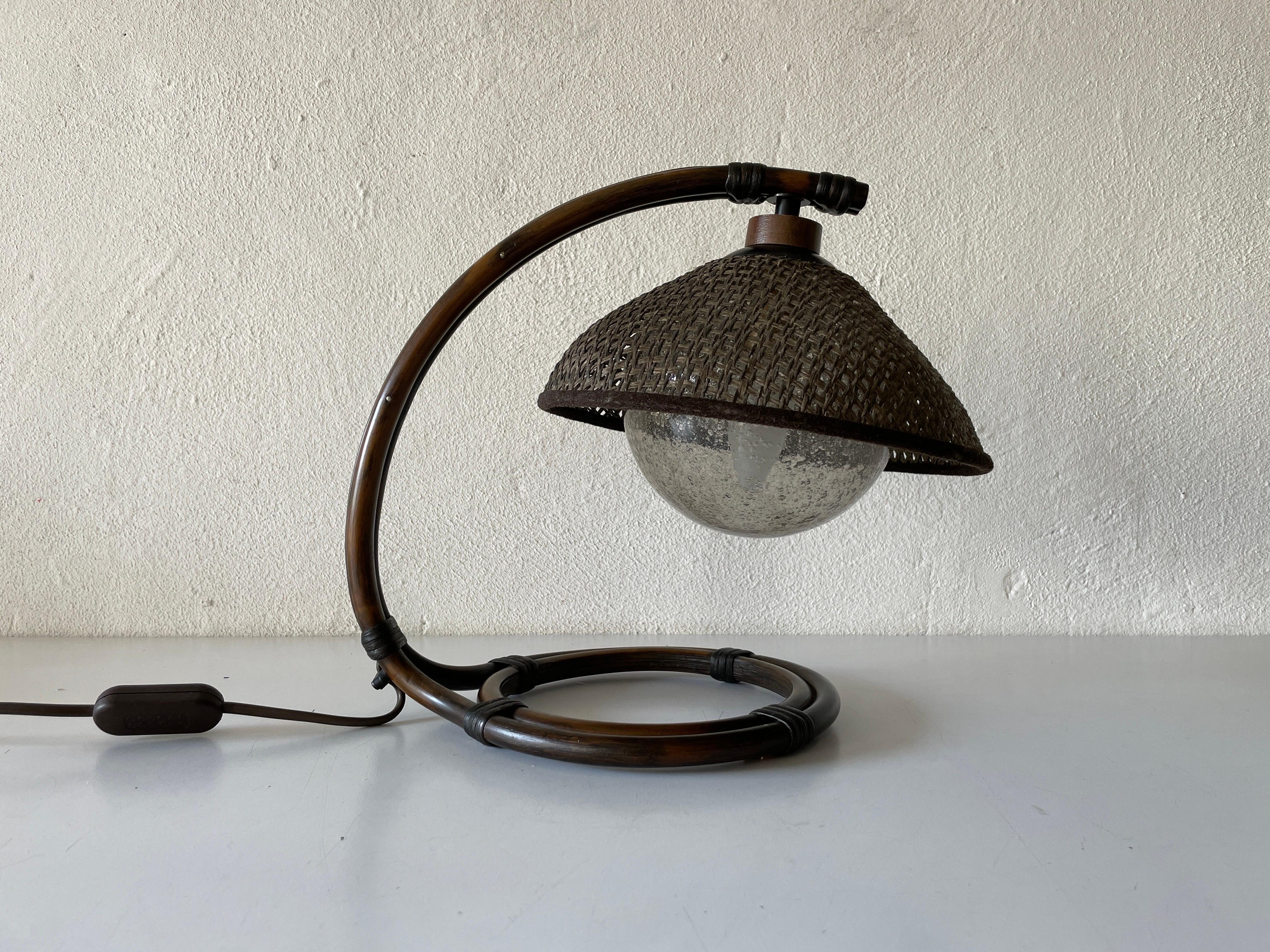 Mid-Century Modern Rare Bamboo & Wicker Bedside Lamp Air Bubble Glass by Temde, 1960s, Switzerland For Sale