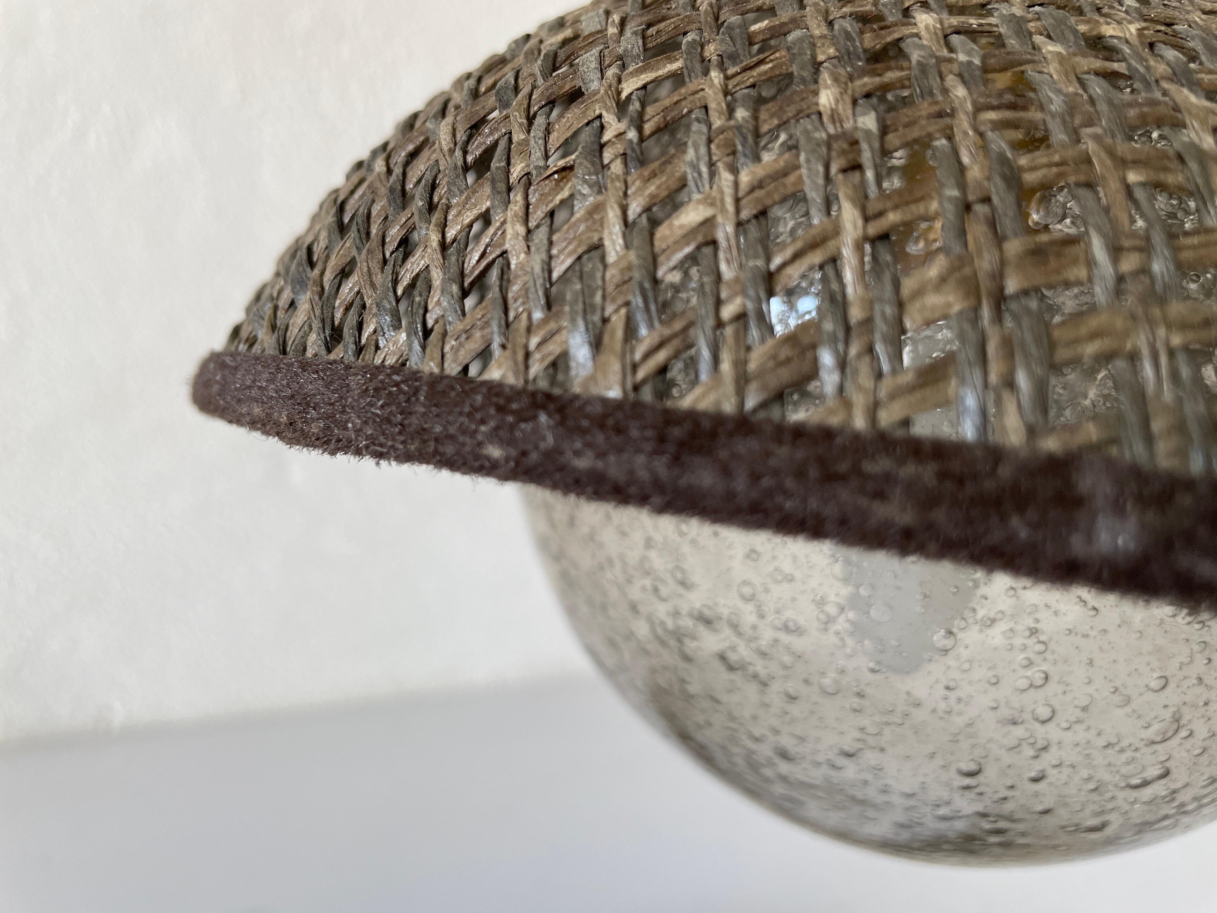 Swiss Rare Bamboo & Wicker Bedside Lamp Air Bubble Glass by Temde, 1960s, Switzerland For Sale
