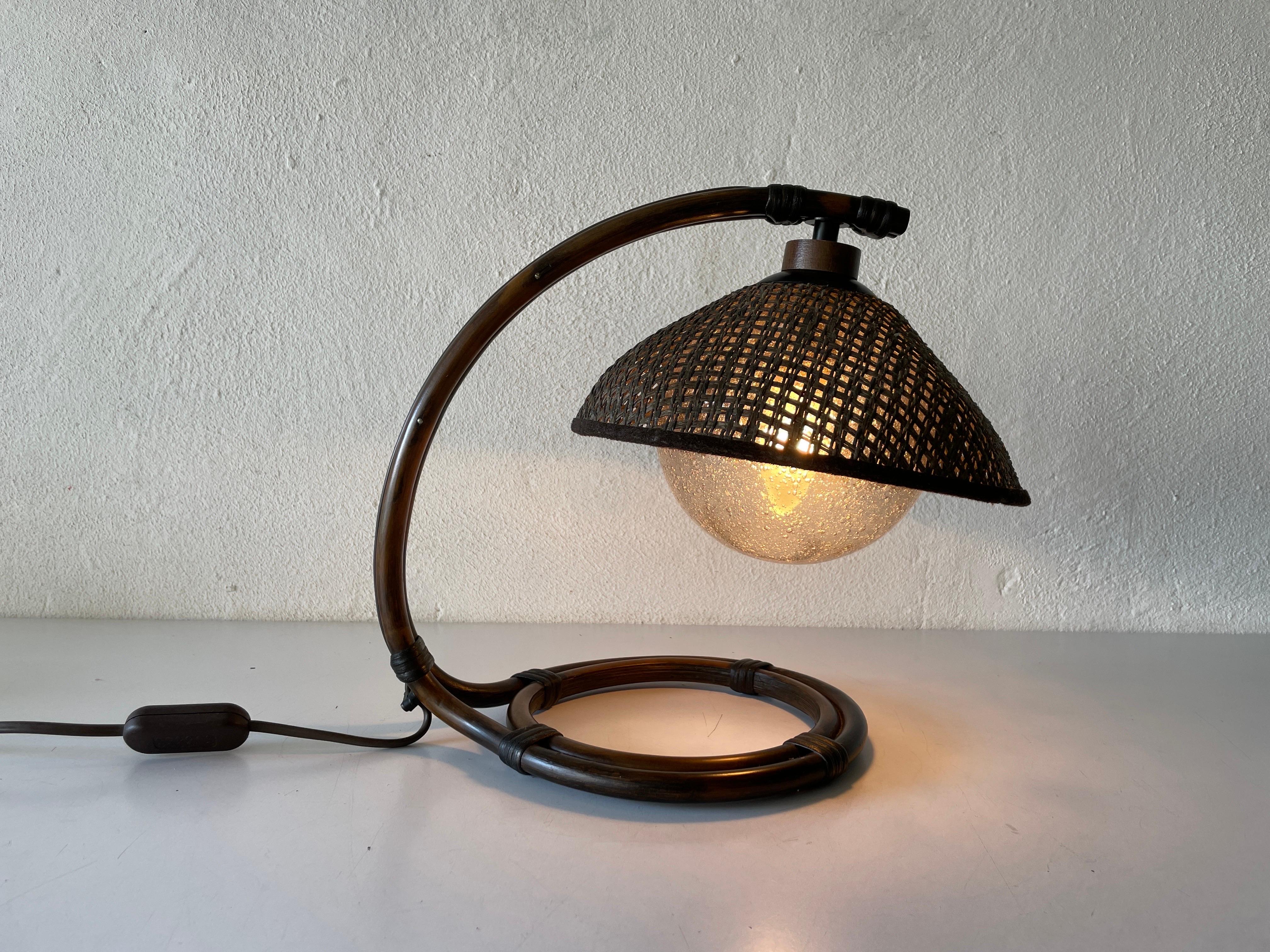 Rare Bamboo & Wicker Bedside Lamp Air Bubble Glass by Temde, 1960s, Switzerland For Sale 2