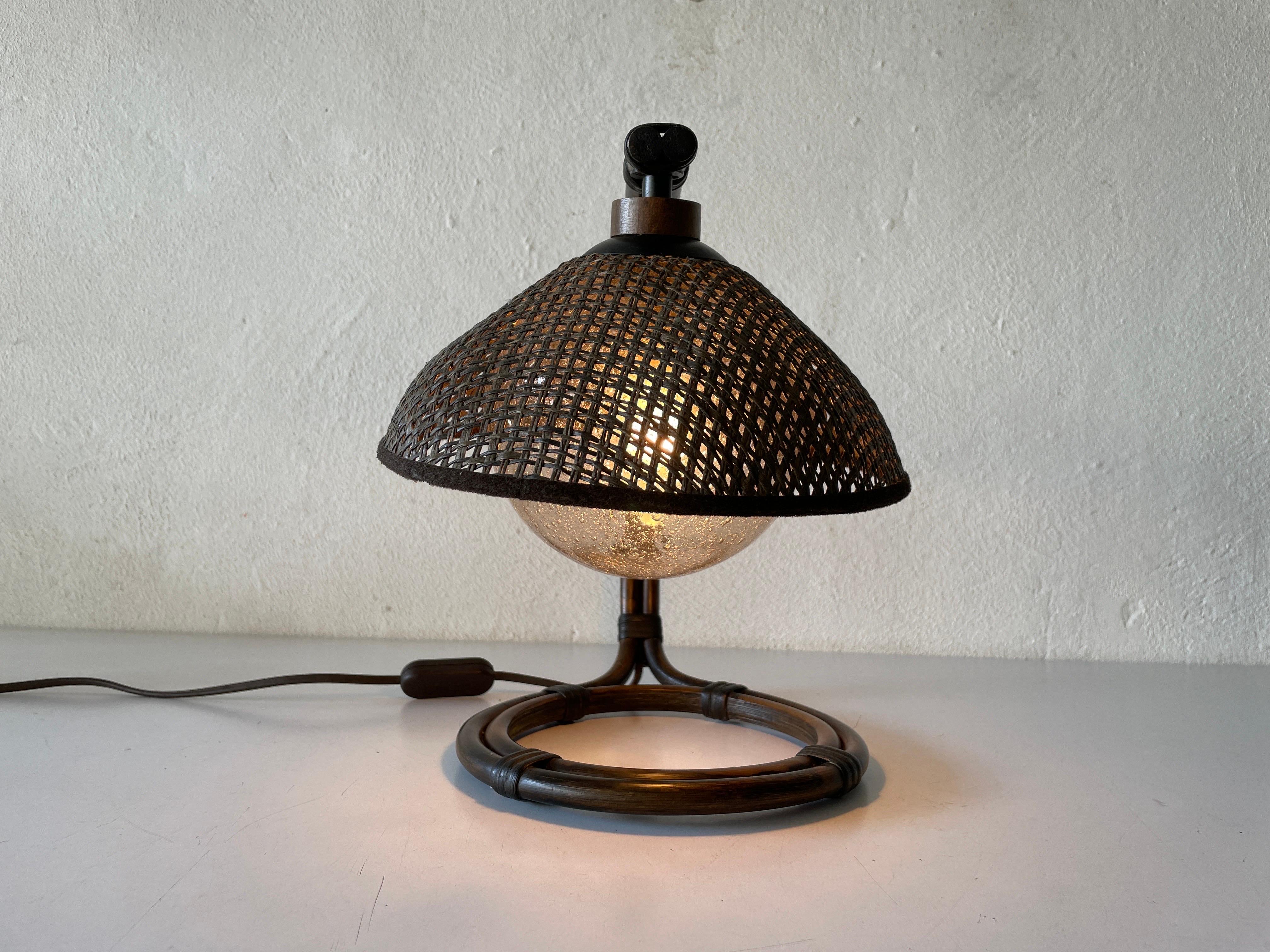 Rare Bamboo & Wicker Bedside Lamp Air Bubble Glass by Temde, 1960s, Switzerland For Sale 3
