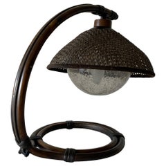 Rare Bamboo & Wicker Bedside Lamp Air Bubble Glass by Temde, 1960s, Switzerland