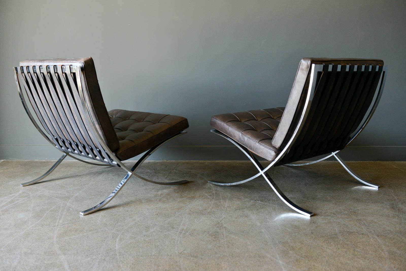 Rare Barcelona chairs by Gerald R. Griffith for Ludwig Mies van der Rohe, 1970. Signed by Gerald Griffith for Mies van der Rohe, 1970. Produced for a short period of time by this Chicago metal worker, these chairs feature sharper edges on the cross