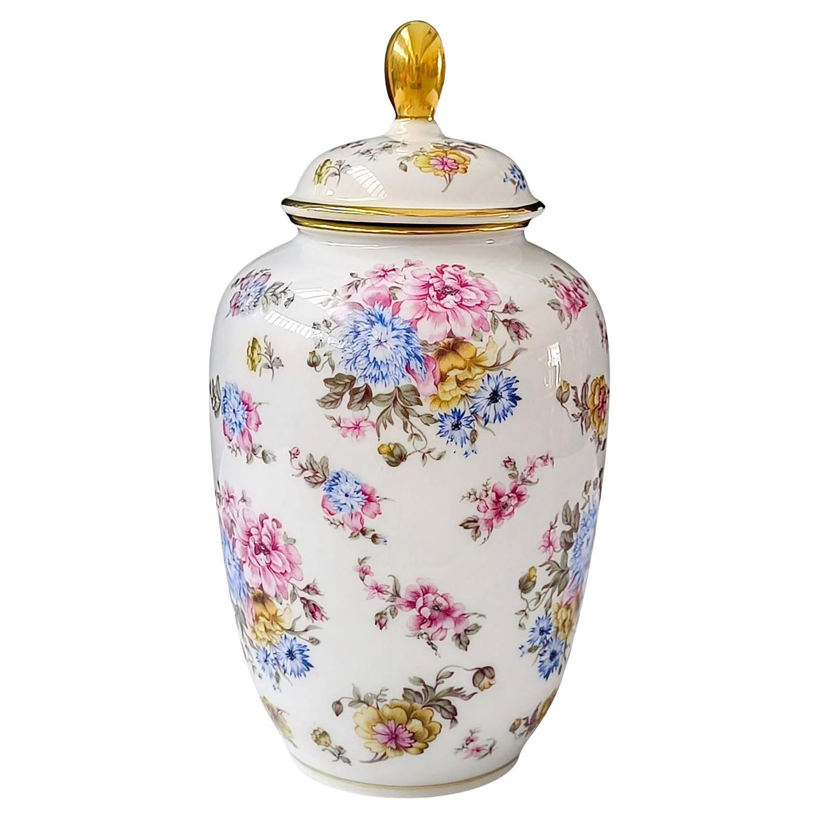 Rara urna con tapa de porcelana de Baviera Bareuther, diseño floral vintage pintado a mano