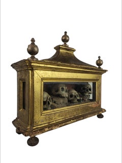 Rare Baroque Memento Mori Reliquary Display in Gilt Shrine