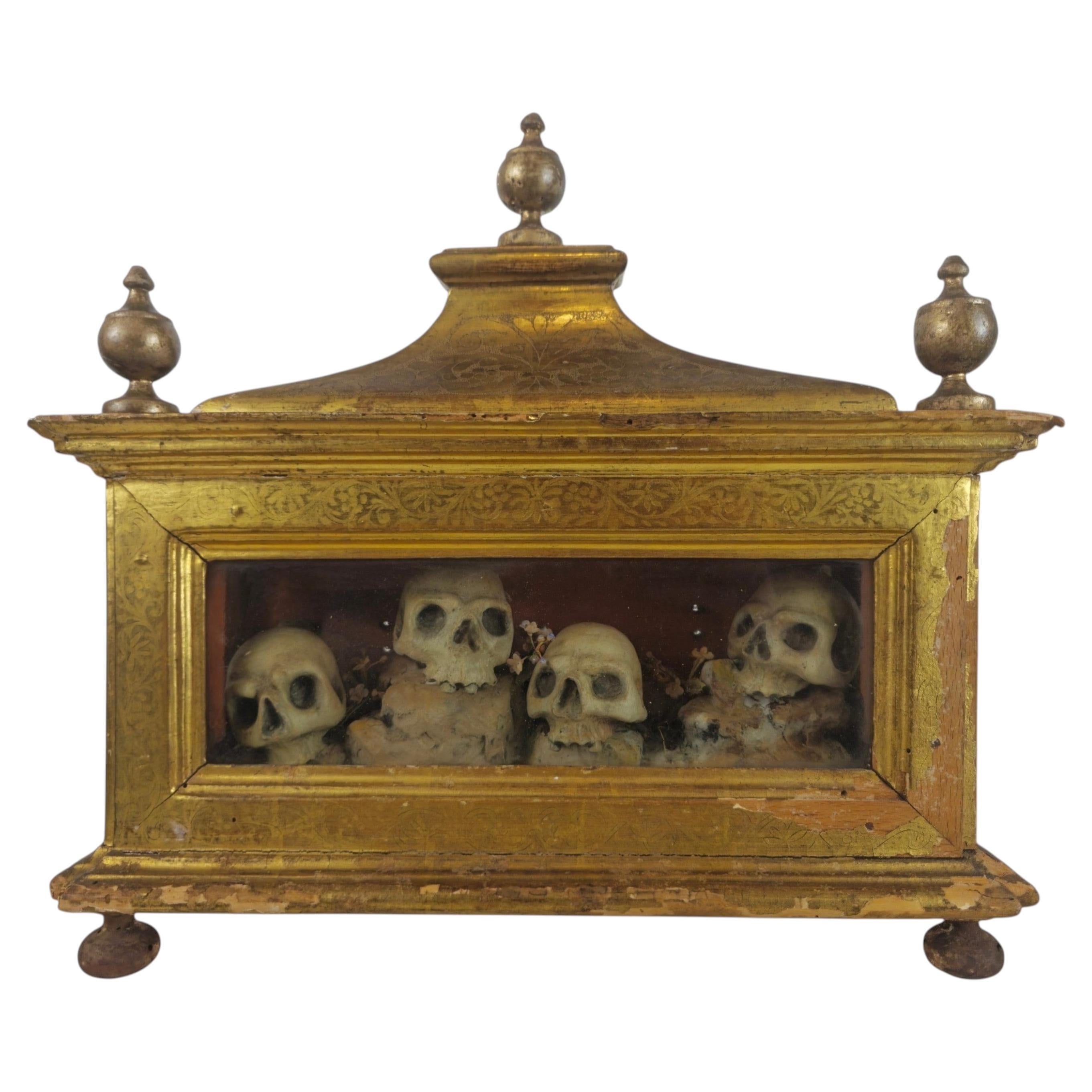 Rare Baroque Memento Mori Reliquary Display in Gilt Shrine
