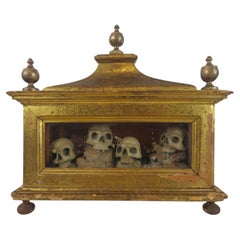 Rare Baroque Memento Mori Reliquary Display in Gilt Shrine