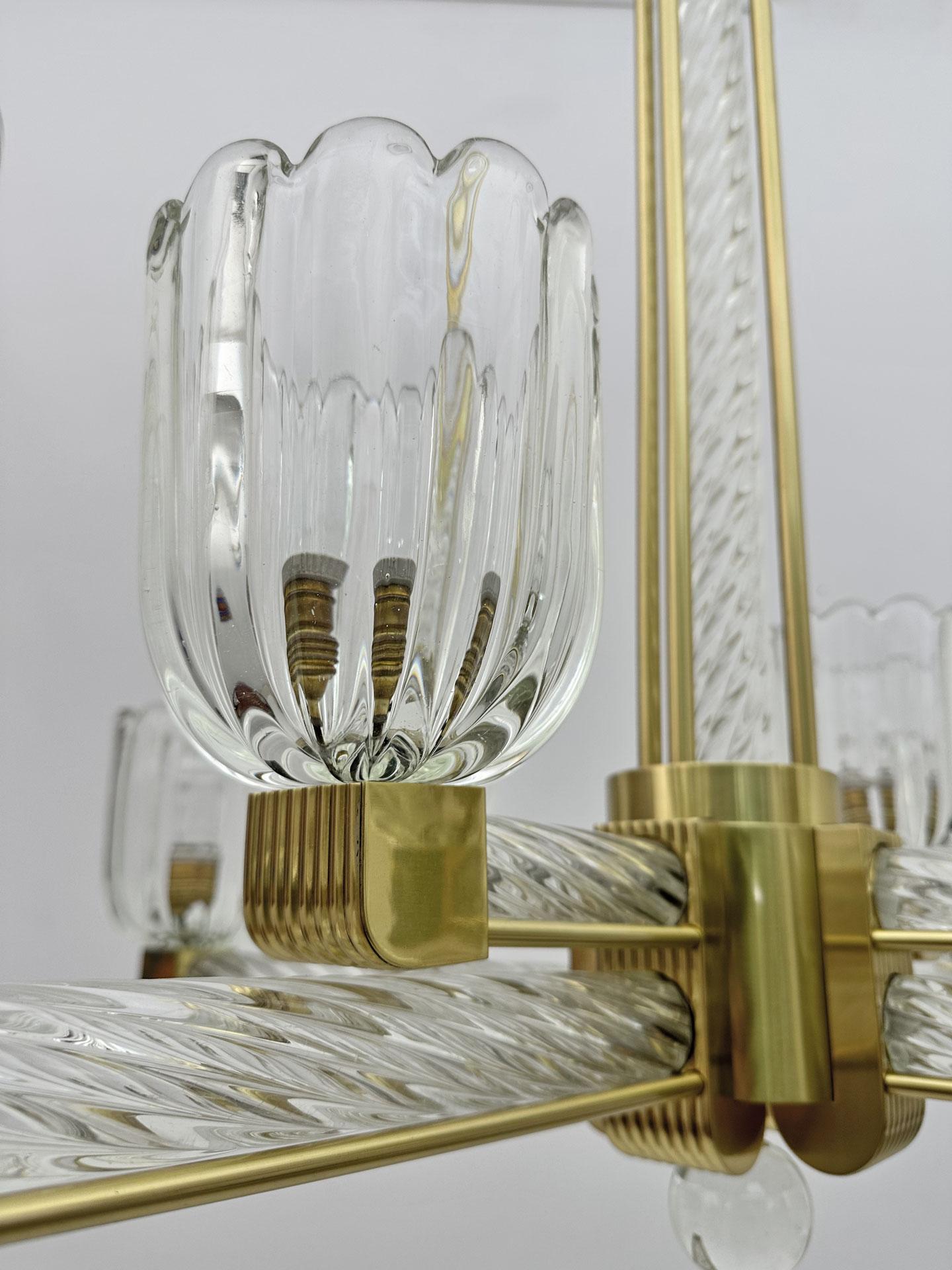 Rare Barovier & Toso Art Dèco Murano Glass and Brass Chandelier for Sciolari 30s For Sale 4