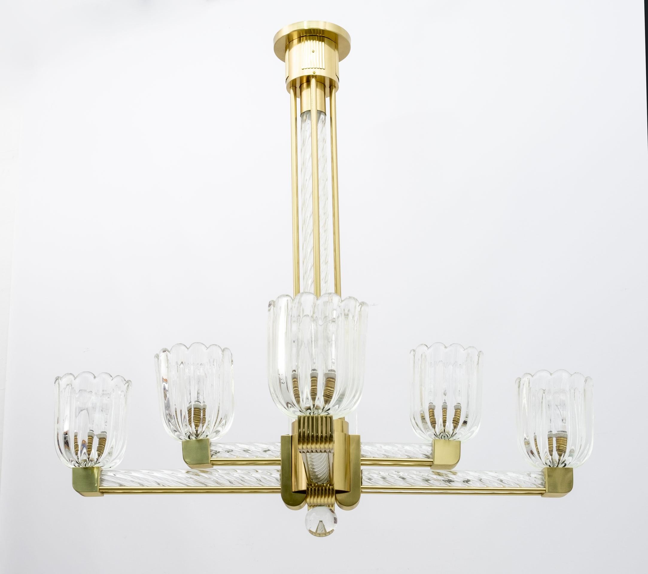 Italian Rare Barovier & Toso Art Dèco Murano Glass and Brass Chandelier for Sciolari 30s For Sale
